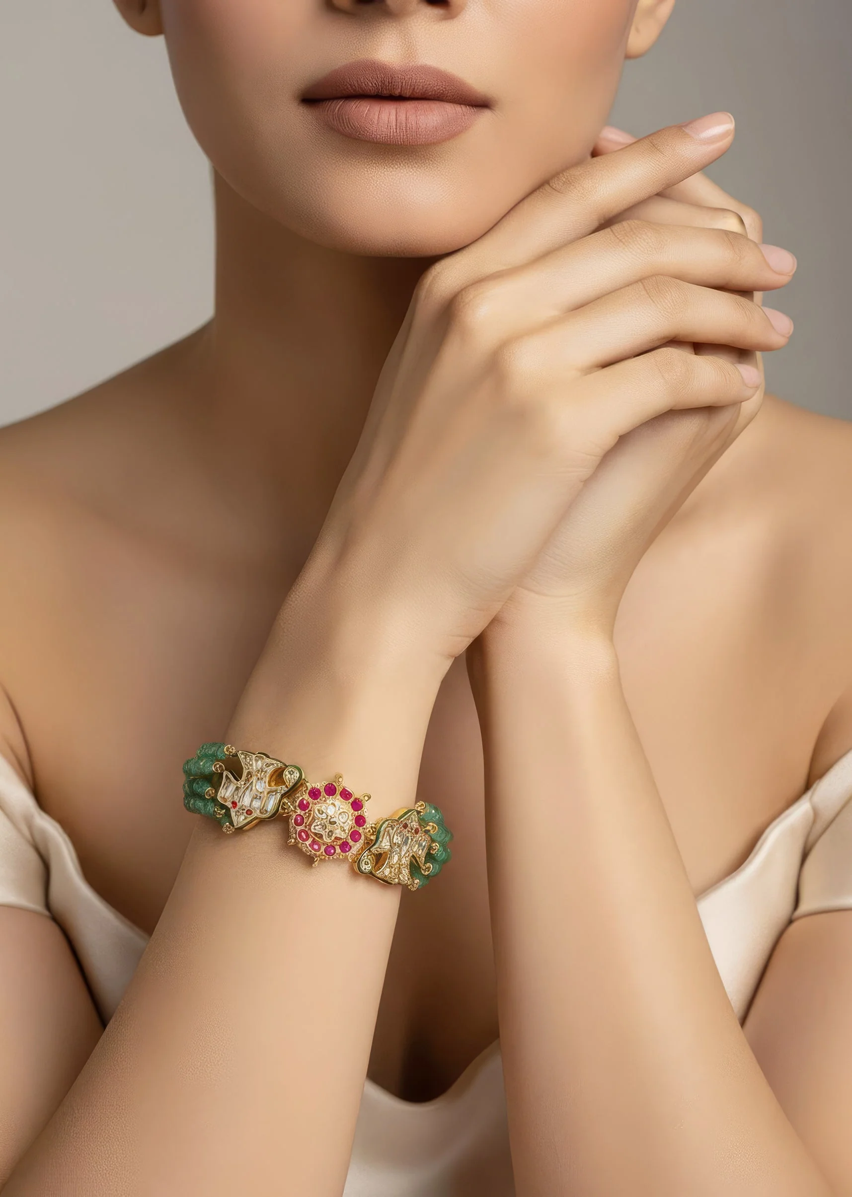Gold Plated Green Beaded Bracelet
