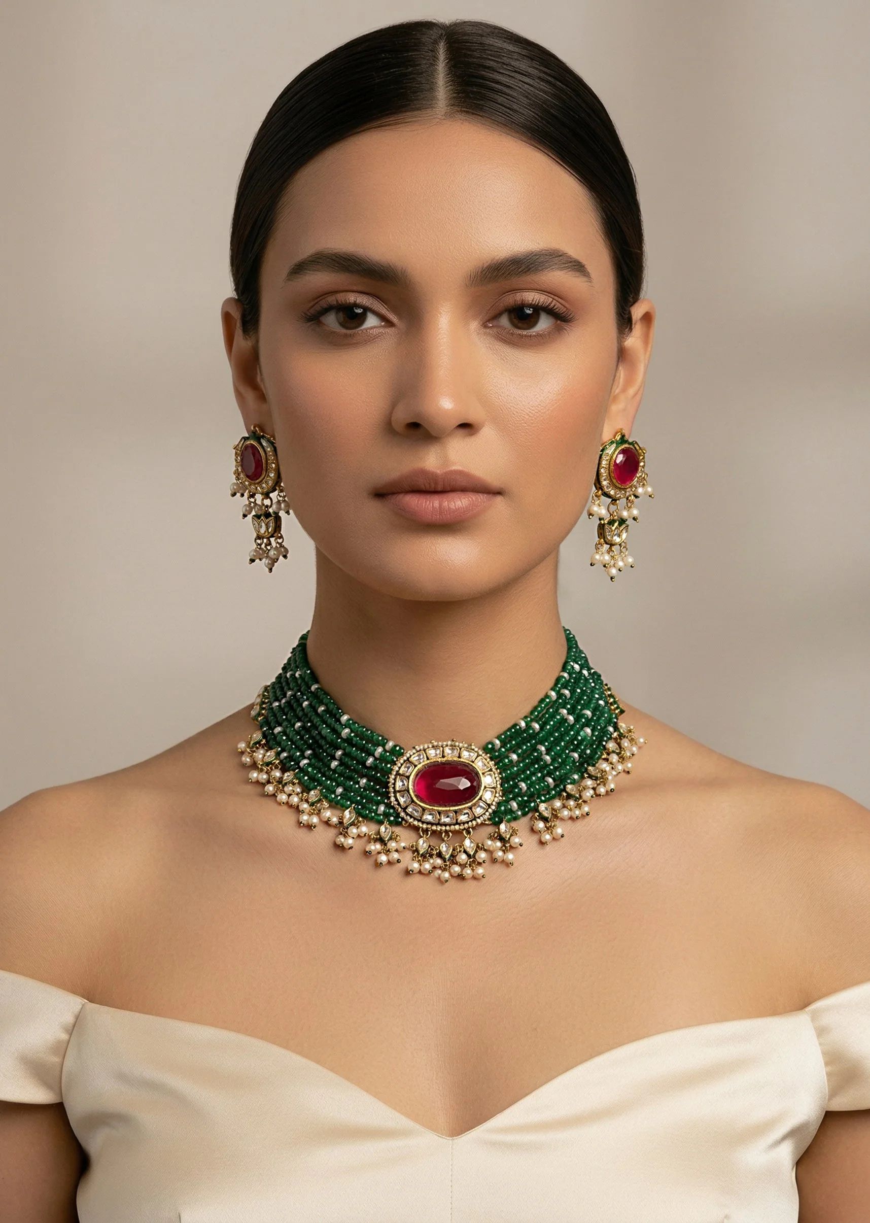 Gold Plated Green Beaded Choker Necklace Set With Earrings