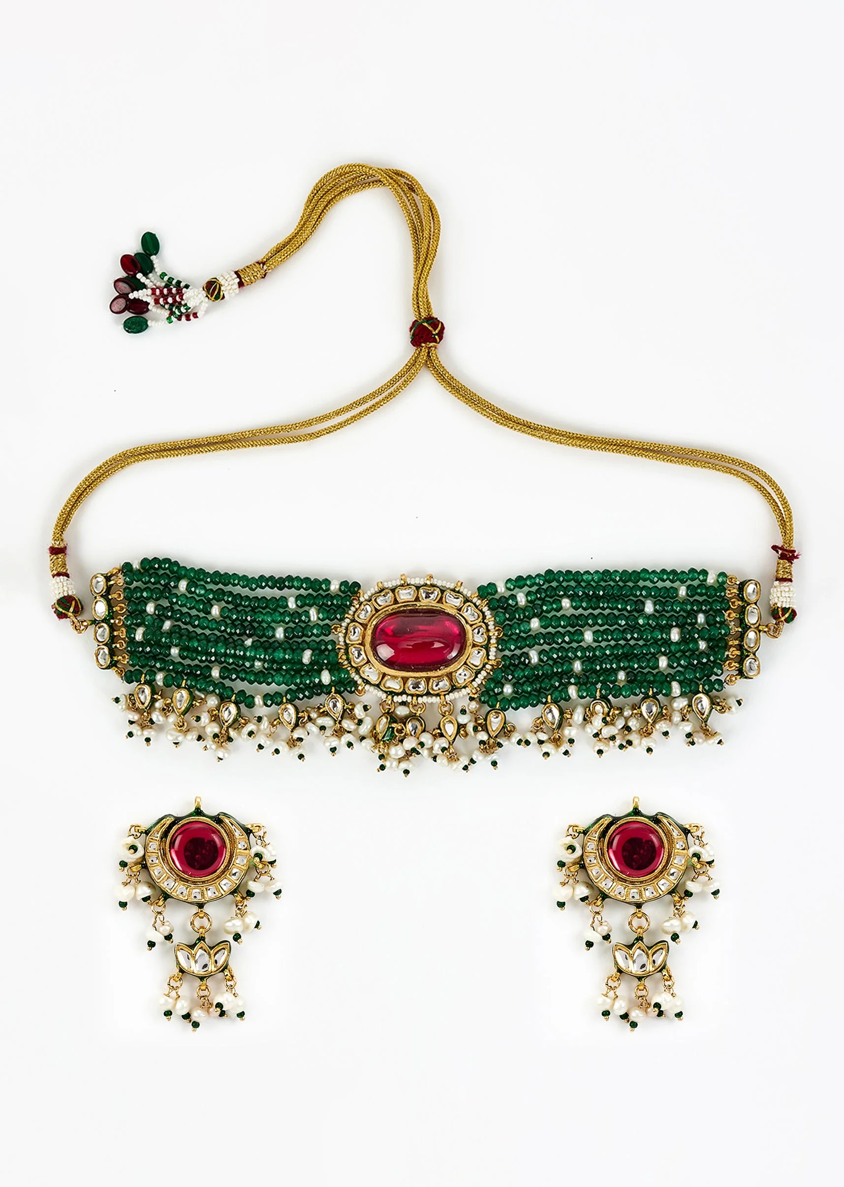 Gold Plated Green Beaded Choker Necklace Set With Earrings - Image 2