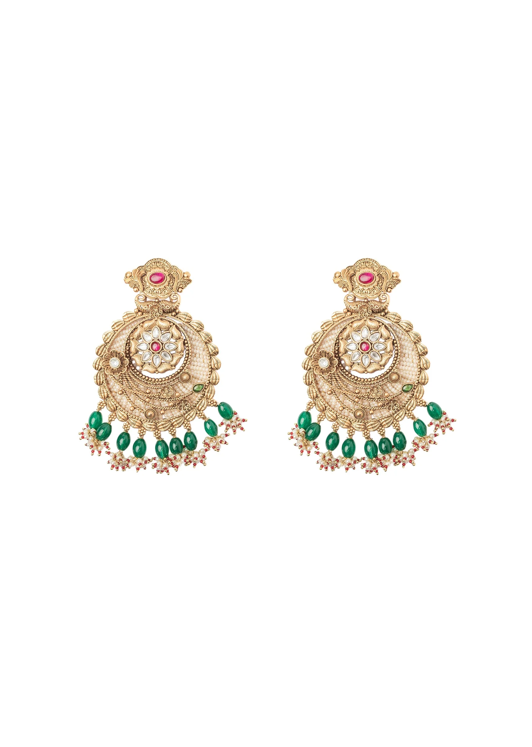 Gold Plated Green Chandbali Earrings - Image 2