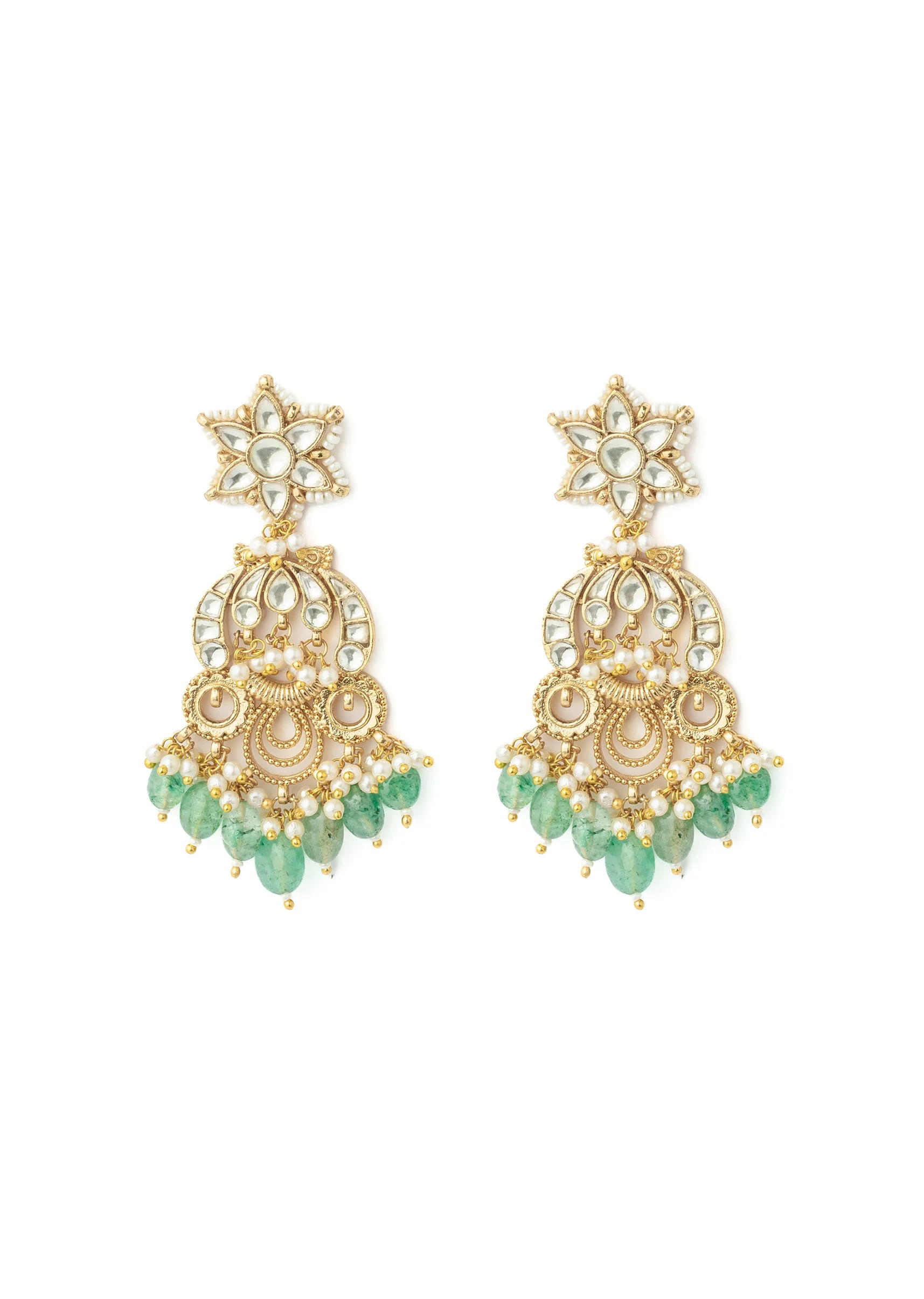 Gold Plated Green Chandelier Earrings With Intricate Kundan Work - Image 2