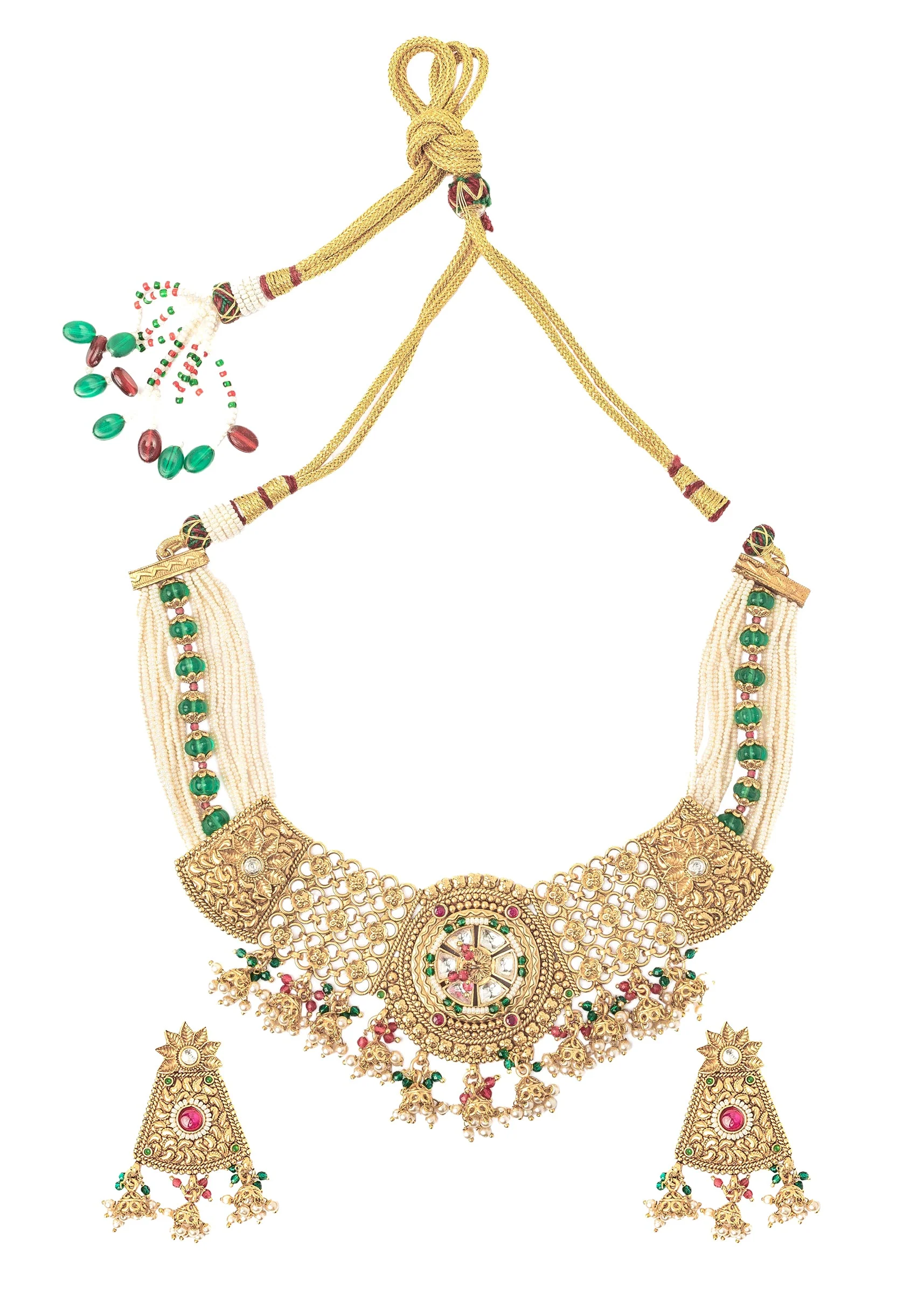 Gold Plated Green Choker Necklace Set With Earrings - Image 2
