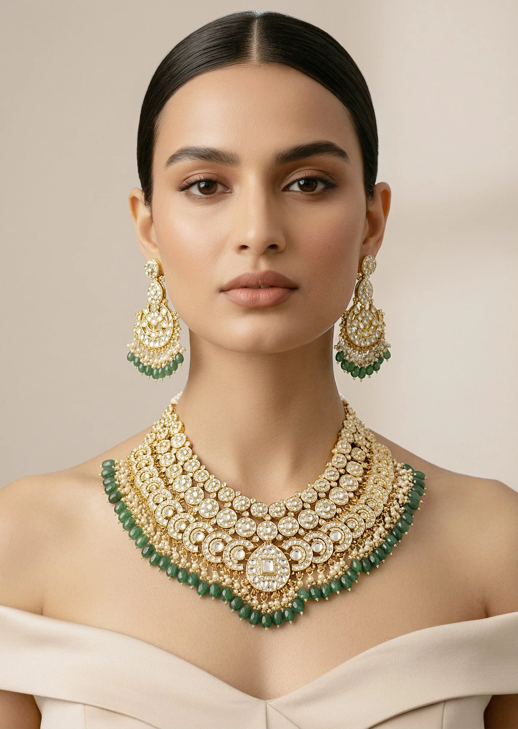 Gold Plated Green Intricate Kundan Work Necklace With Earring Set