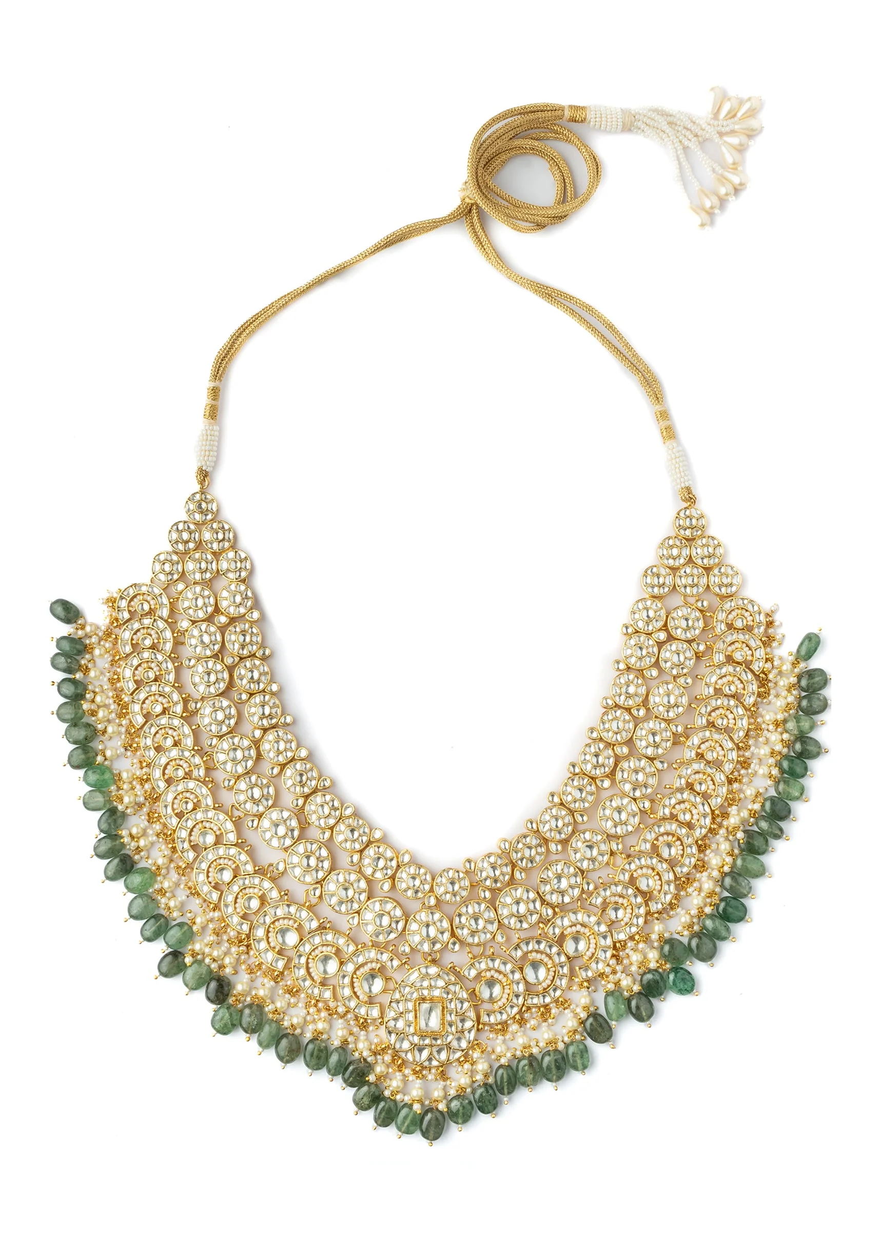 Gold Plated Green Intricate Kundan Work Necklace With Earring Set - Image 3