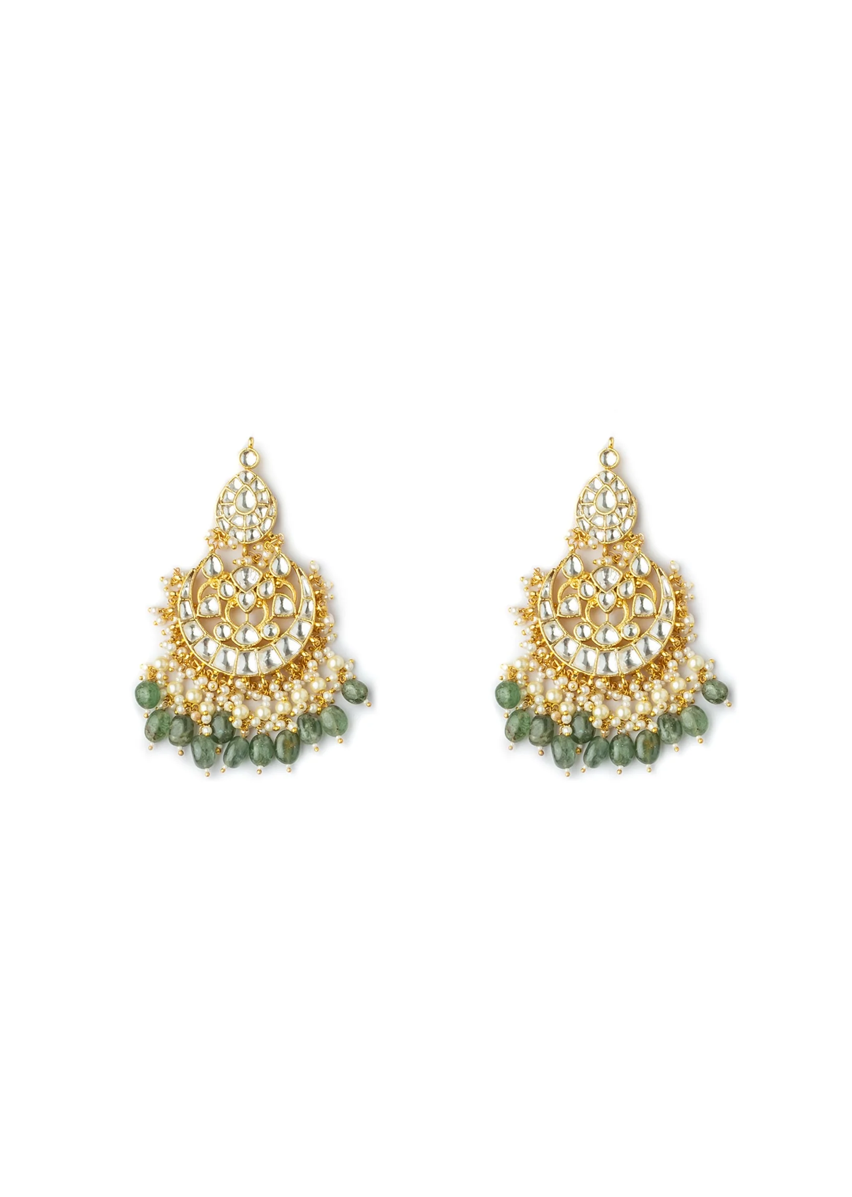 Gold Plated Green Intricate Kundan Work Necklace With Earring Set - Image 4