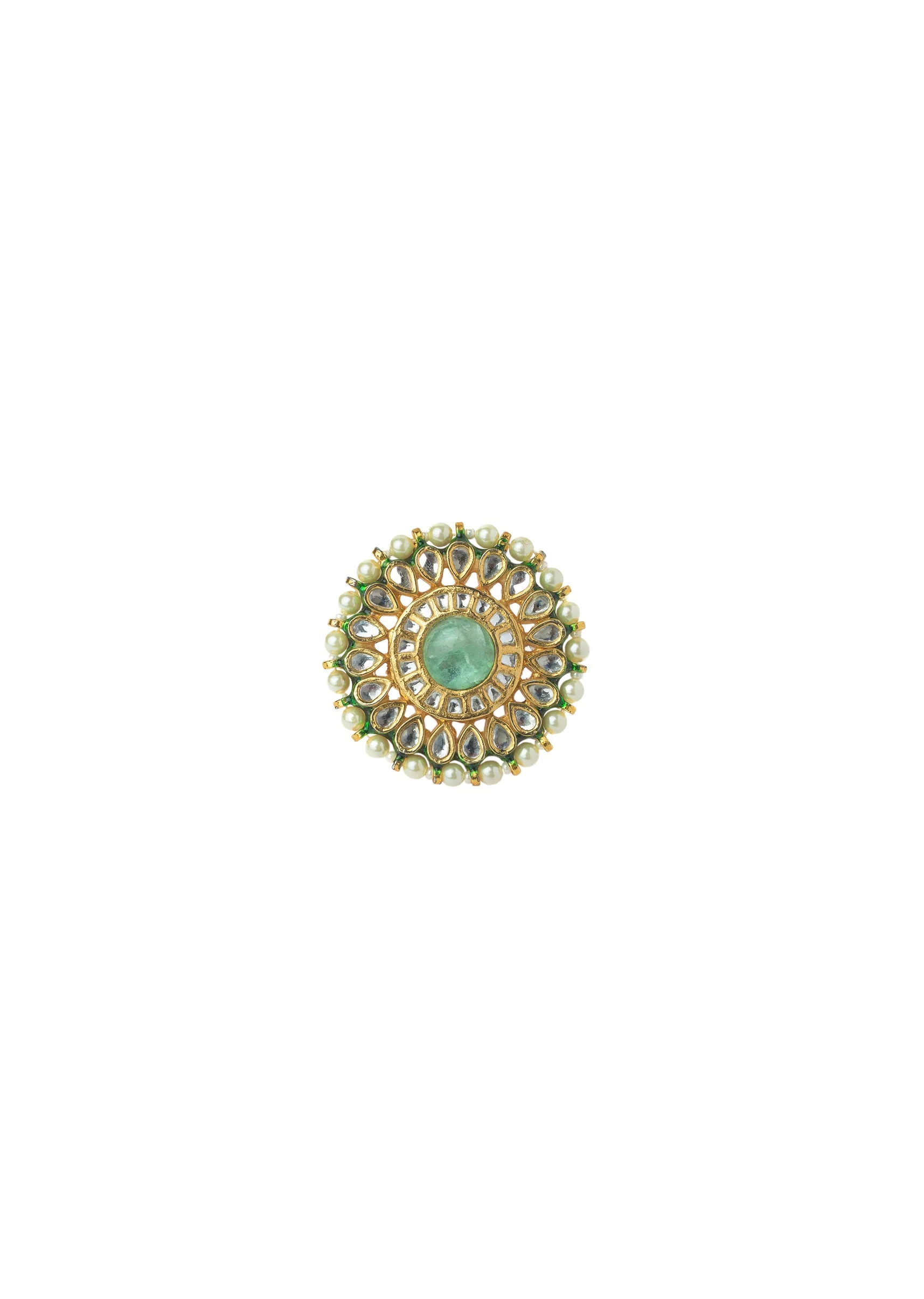Gold Plated Green Kundan And Polki Ring - Image 2