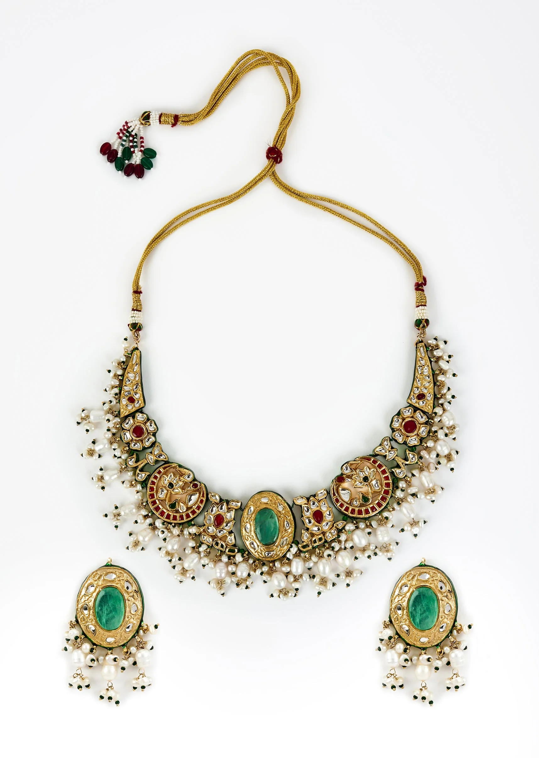 Gold Plated Green Kundan Polki Choker Necklace Set With Earrings - Image 2