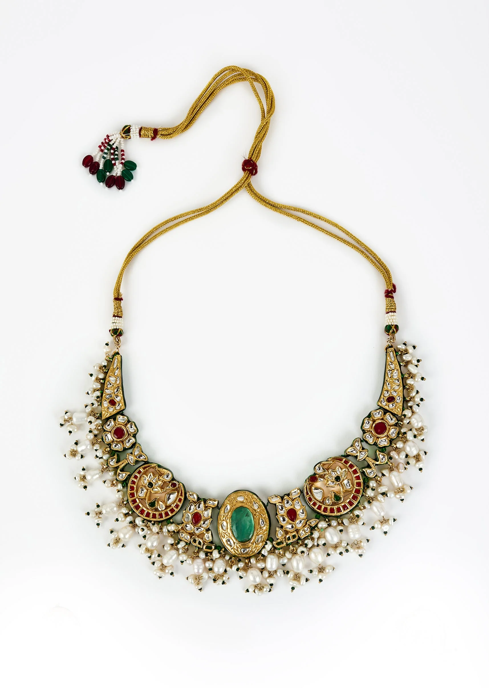 Gold Plated Green Kundan Polki Choker Necklace Set With Earrings - Image 3