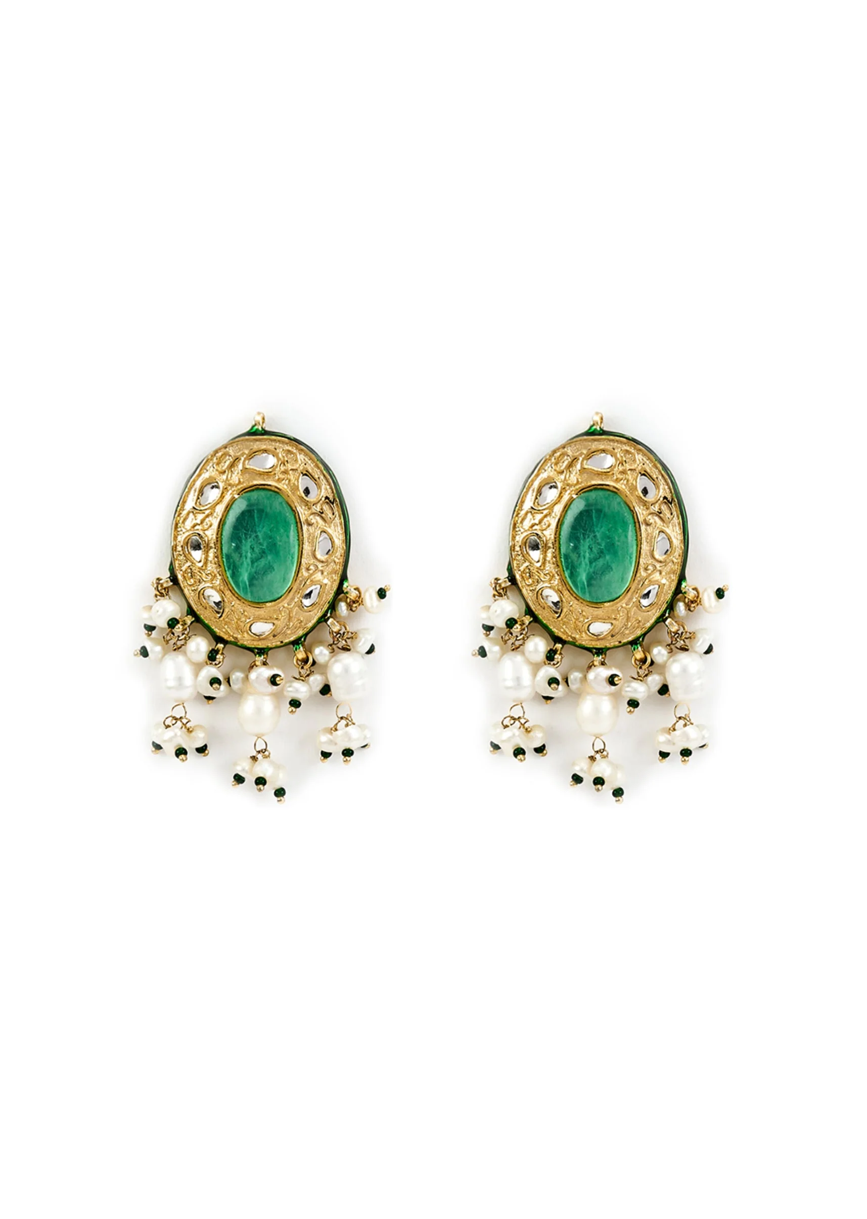 Gold Plated Green Kundan Polki Choker Necklace Set With Earrings - Image 4