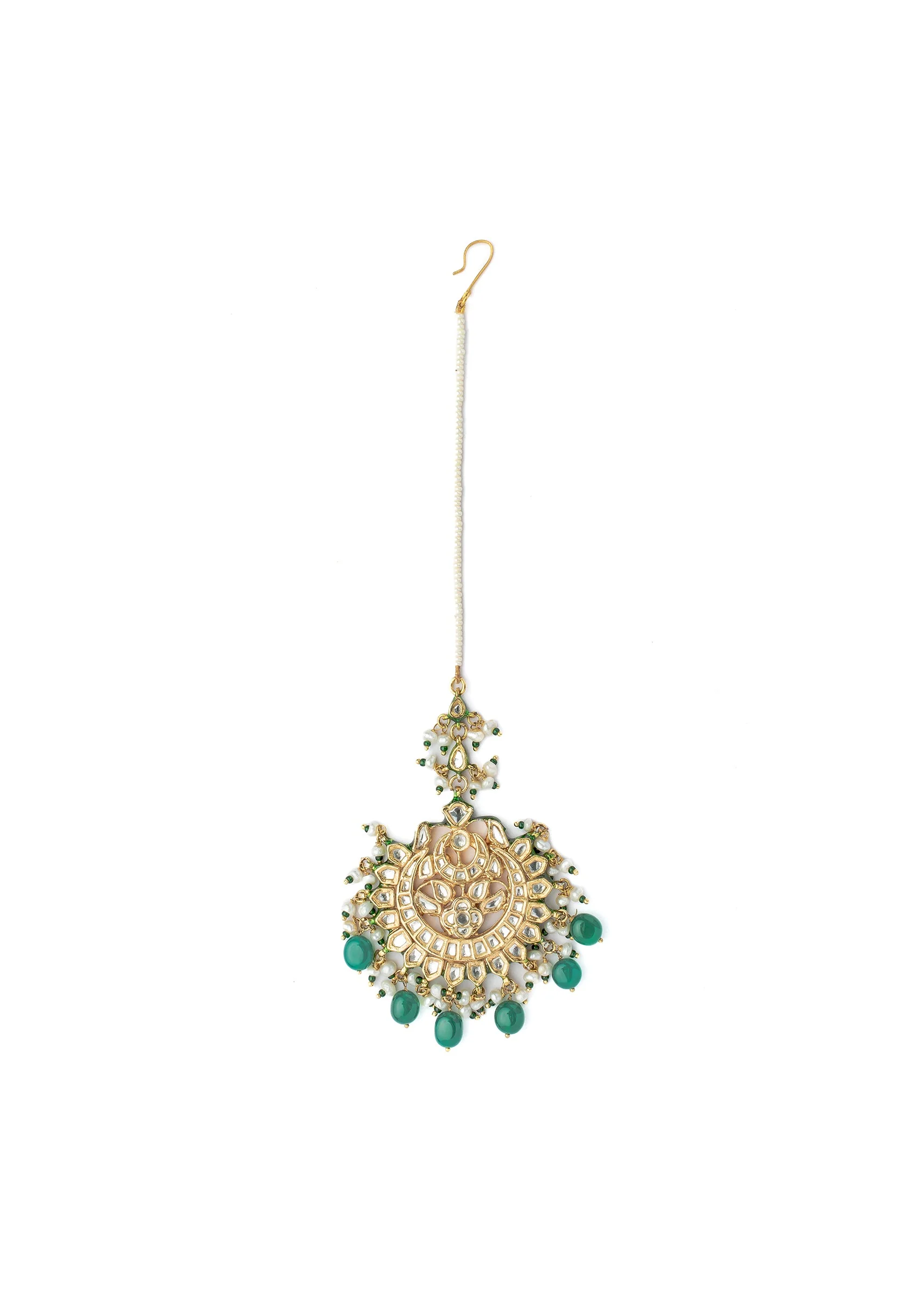 Gold Plated Green Kundan Polki Maangtikka - Image 2
