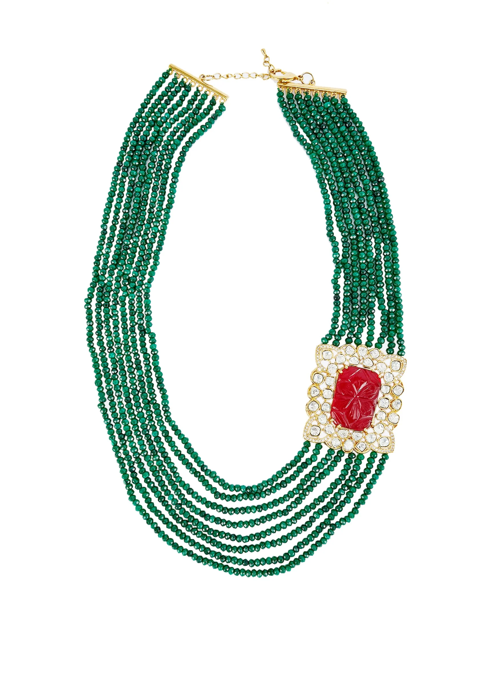 Gold Plated Green Kundan Polki Mala Necklace Set With Earrings - Image 2