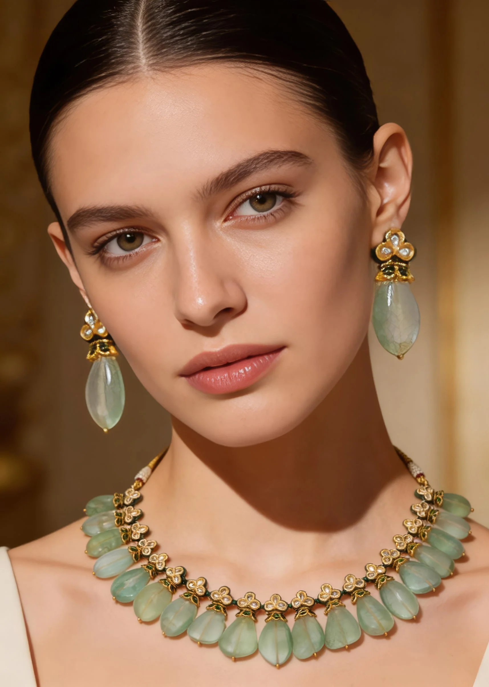 Gold Plated Green Kundan Polki Necklace Set With Earrings