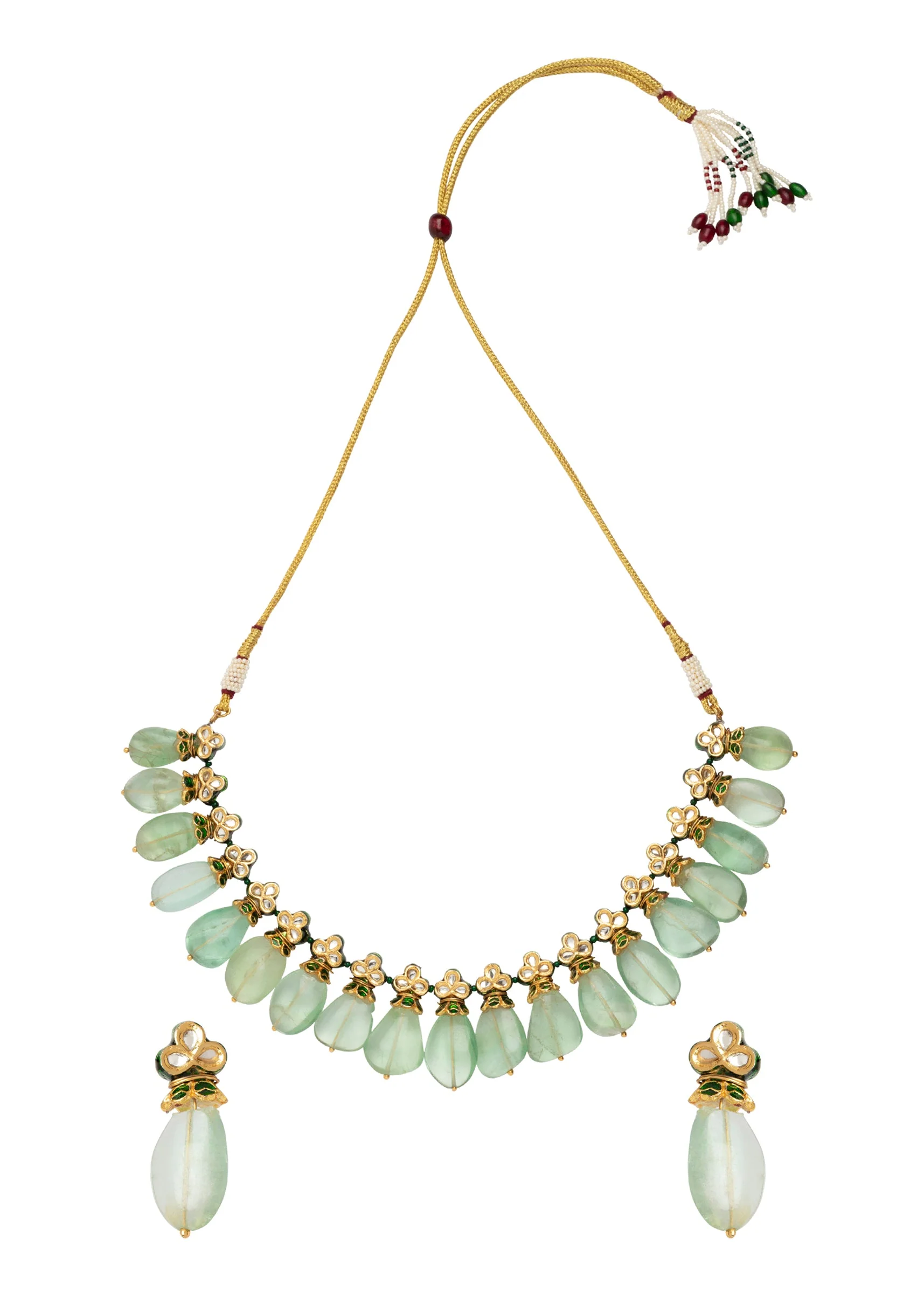 Gold Plated Green Kundan Polki Necklace Set With Earrings - Image 2
