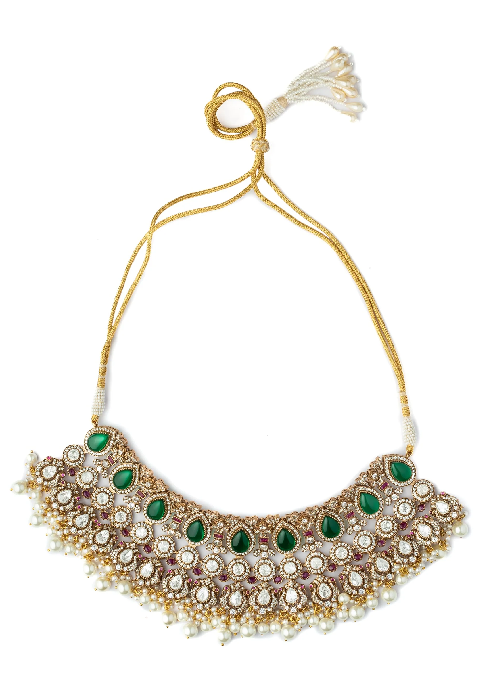 Gold Plated Green Kundan Polki Necklace Set With Earrings And Maangtikka - Image 2