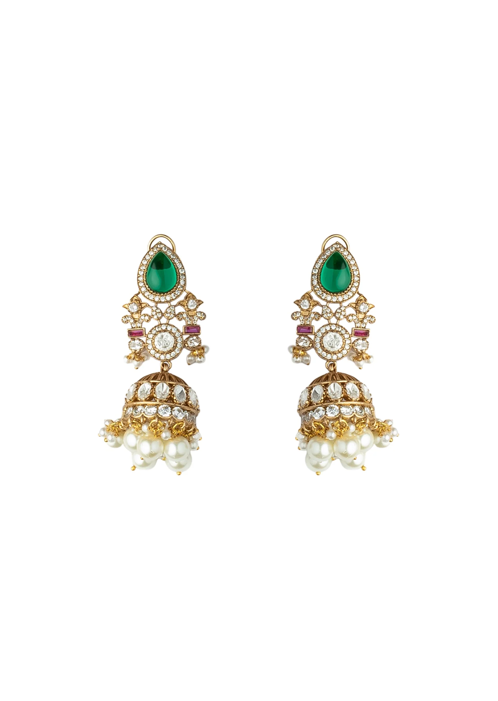 Gold Plated Green Kundan Polki Necklace Set With Earrings And Maangtikka - Image 3