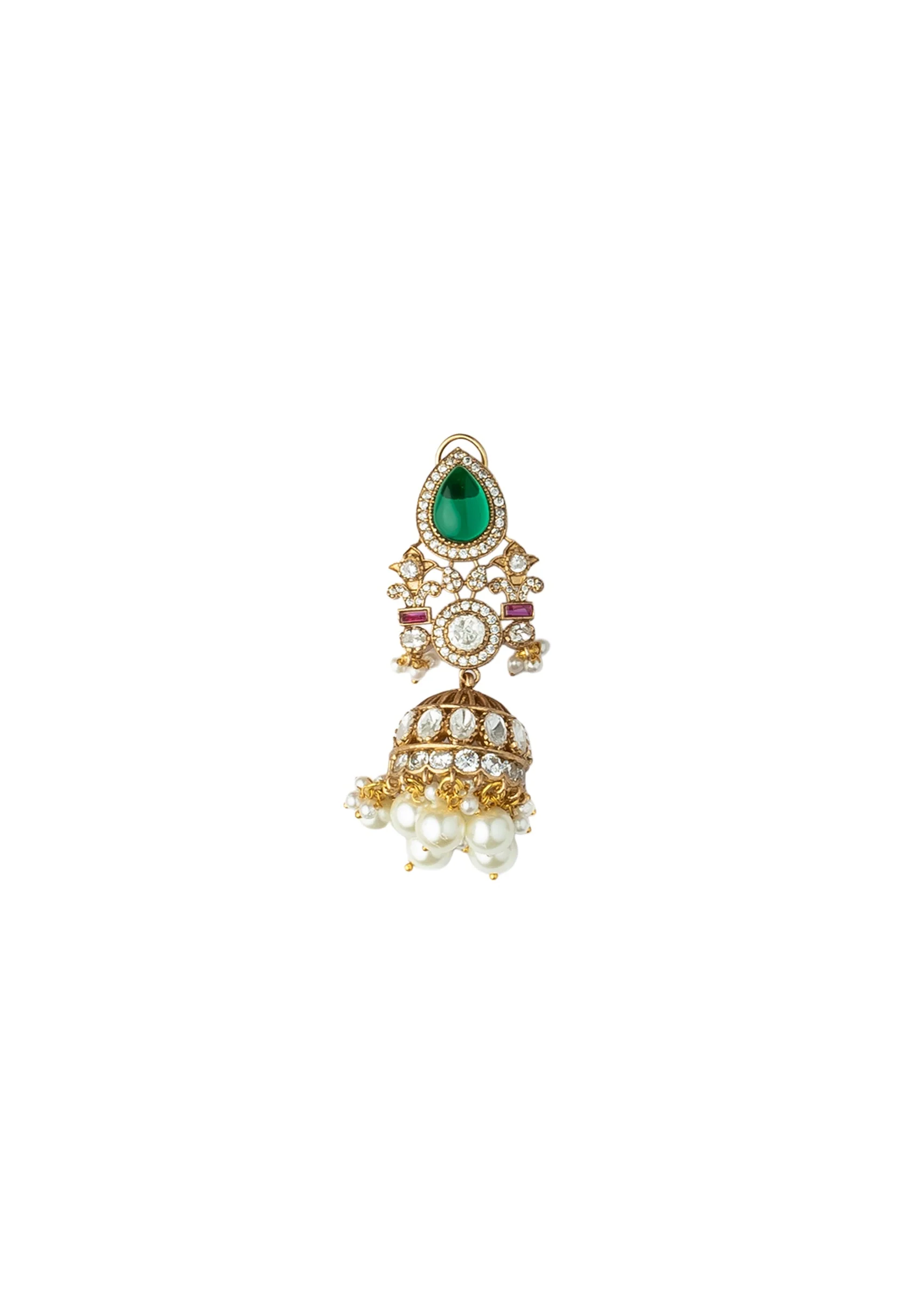Gold Plated Green Kundan Polki Necklace Set With Earrings And Maangtikka - Image 4