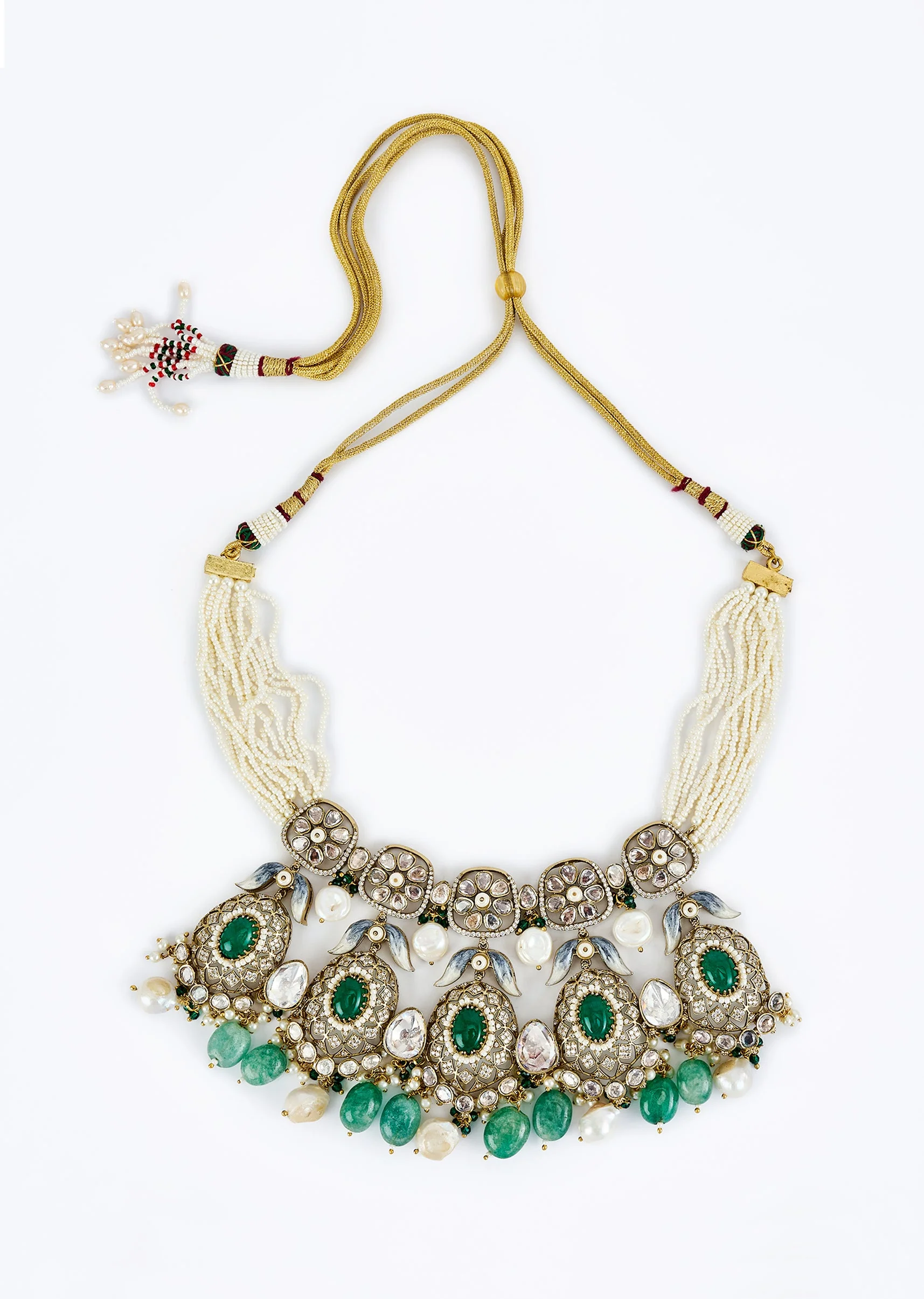 Gold Plated Green Kundan Polki Short Necklace Set With Earrings - Image 3