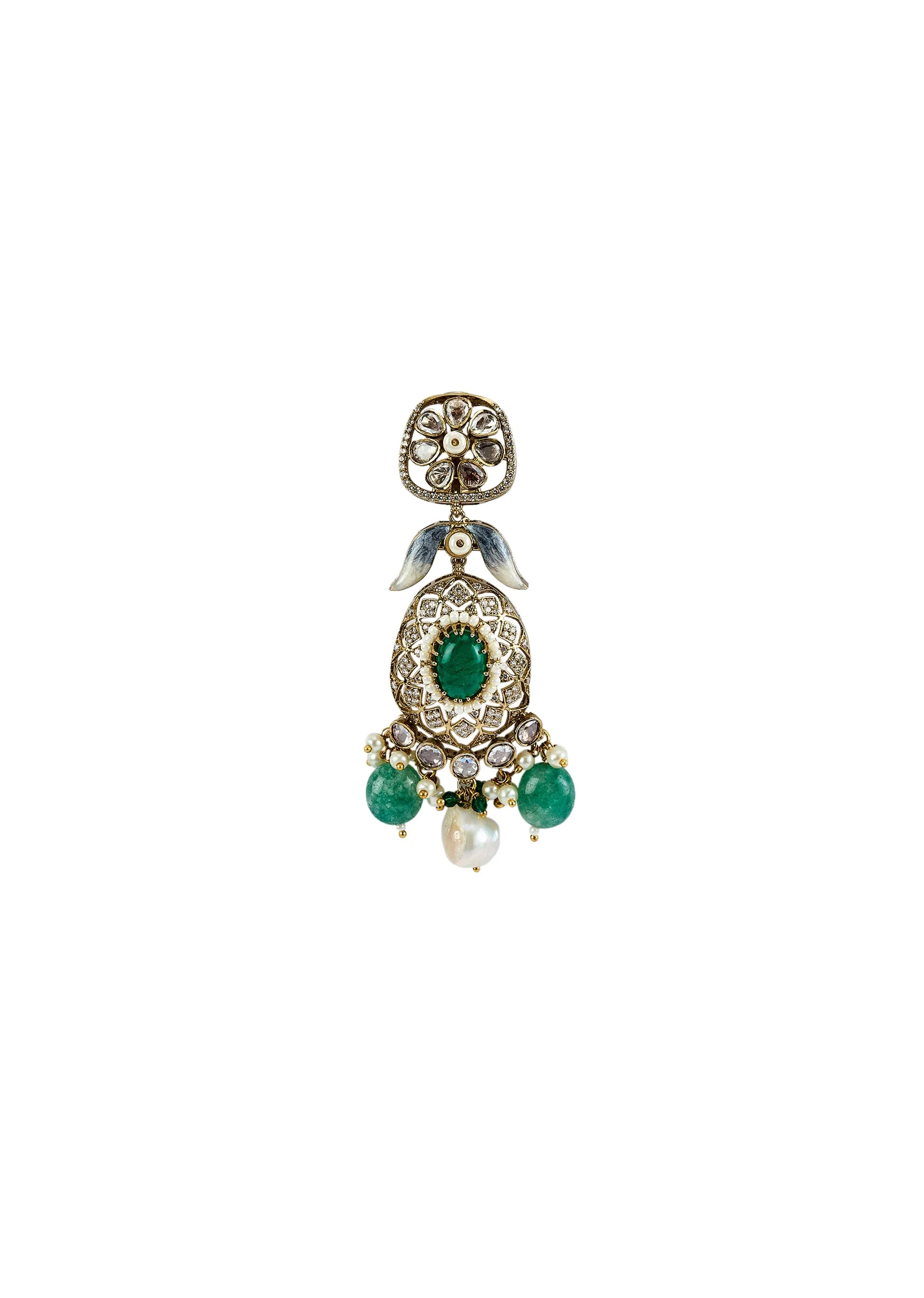 Gold Plated Green Kundan Polki Short Necklace Set With Earrings - Image 5