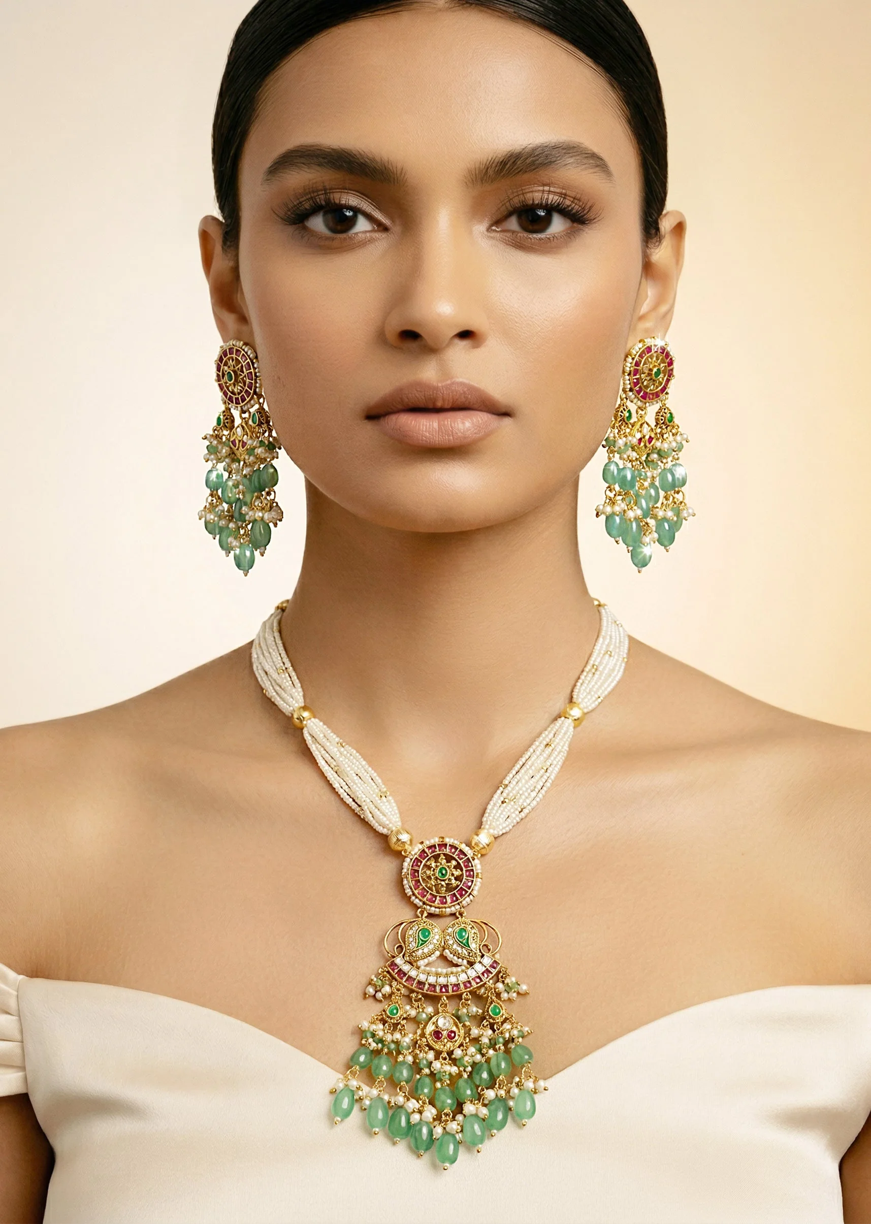 Gold Plated Green Kundan Polki With Pearl Strands And Emerald Green Bead Detailing Necklace Earrings Set