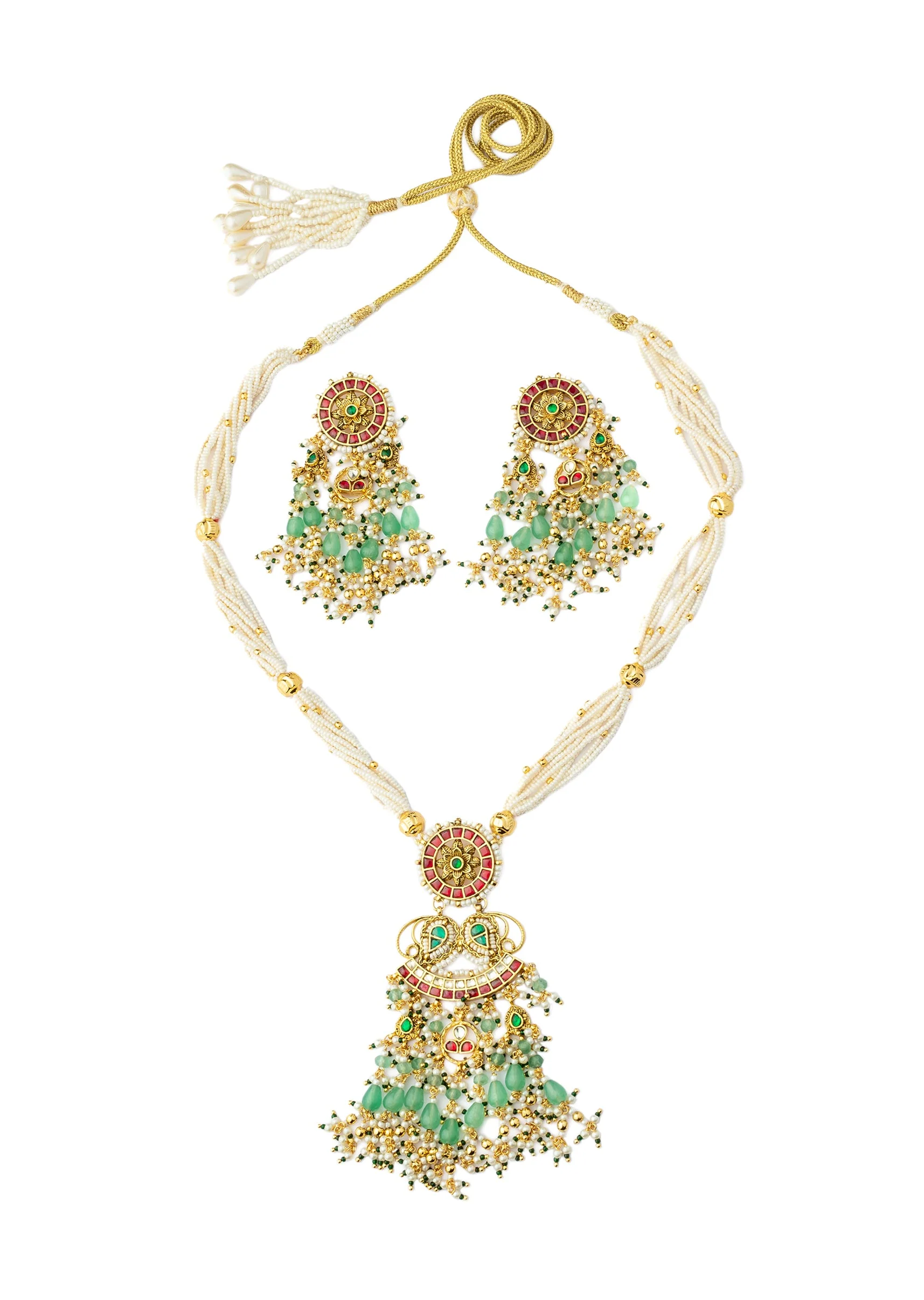 Gold Plated Green Kundan Polki With Pearl Strands And Emerald Green Bead Detailing Necklace Earrings Set - Image 2