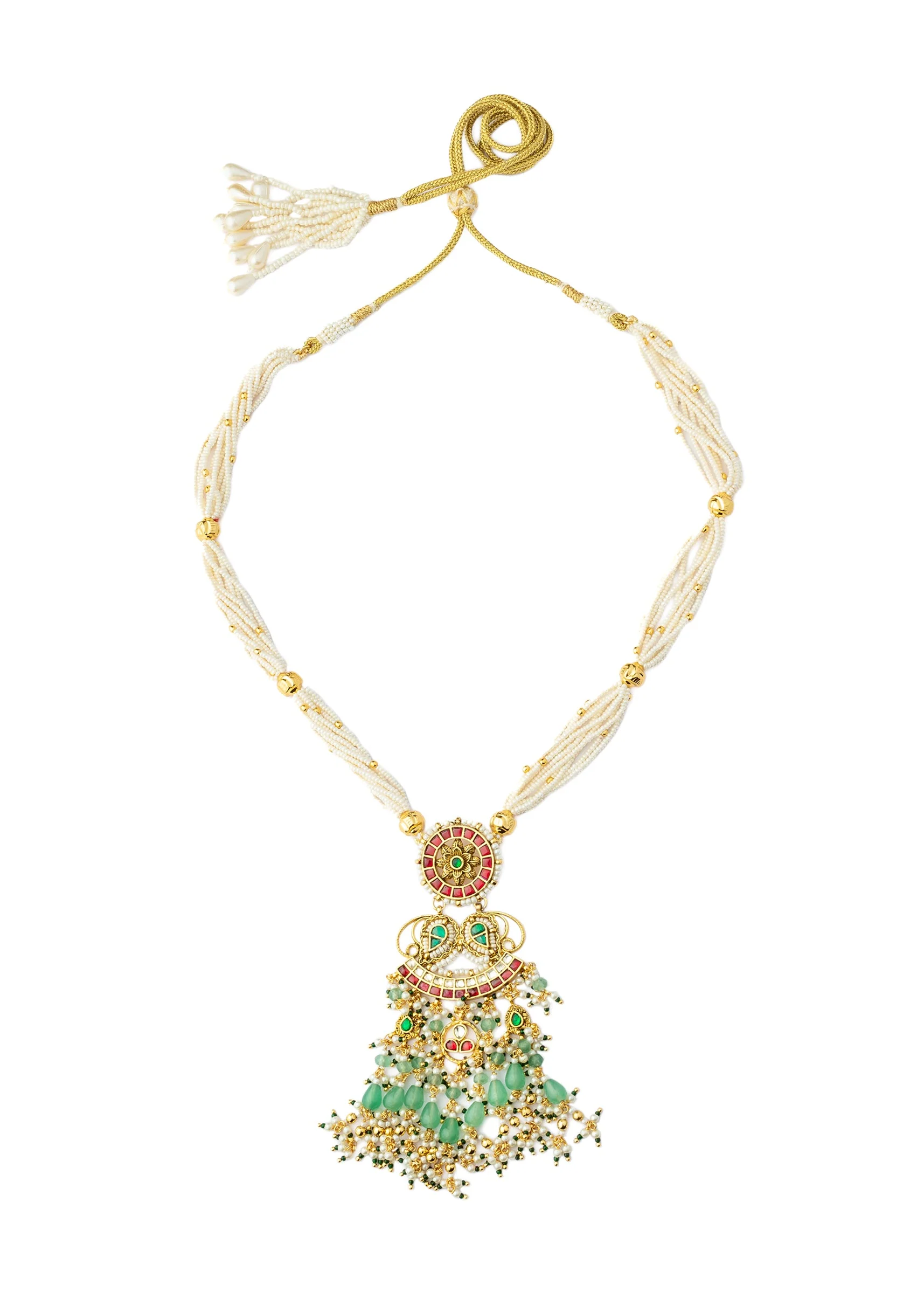 Gold Plated Green Kundan Polki With Pearl Strands And Emerald Green Bead Detailing Necklace Earrings Set - Image 3