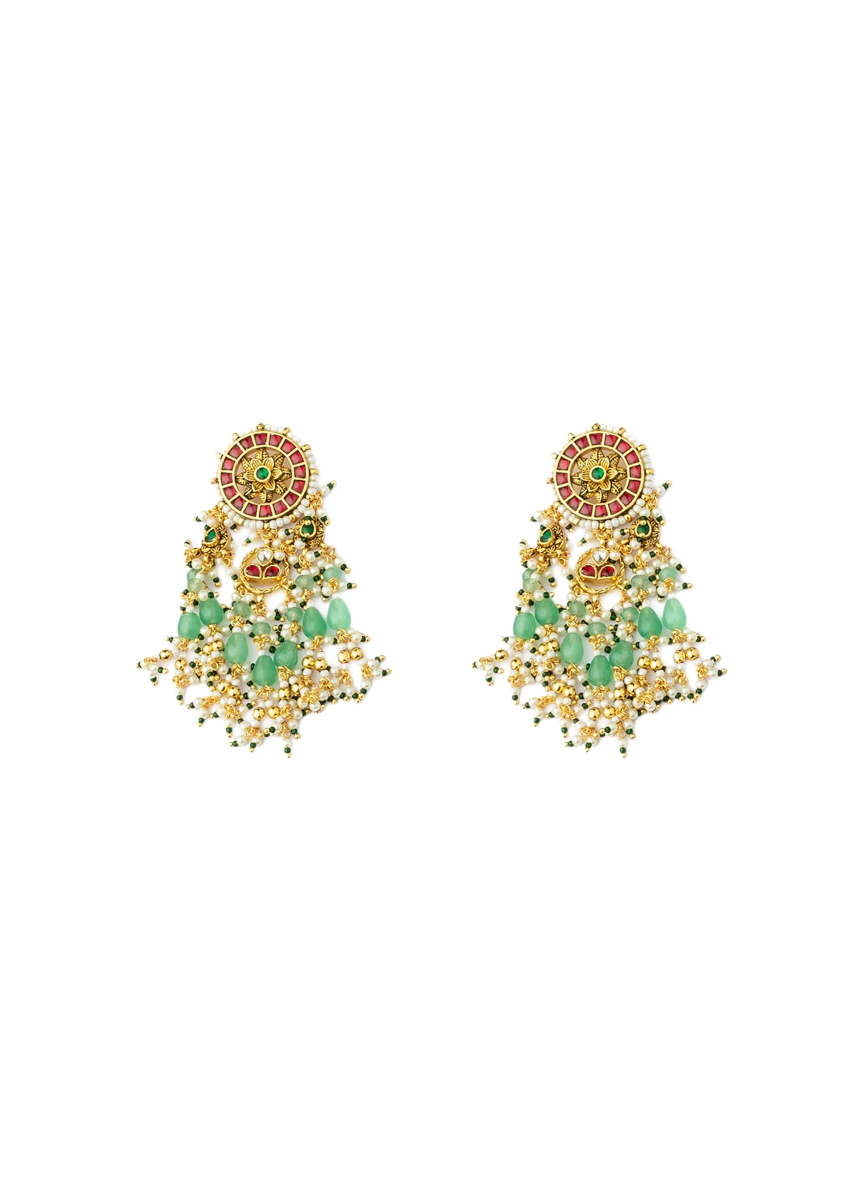 Gold Plated Green Kundan Polki With Pearl Strands And Emerald Green Bead Detailing Necklace Earrings Set - Image 4