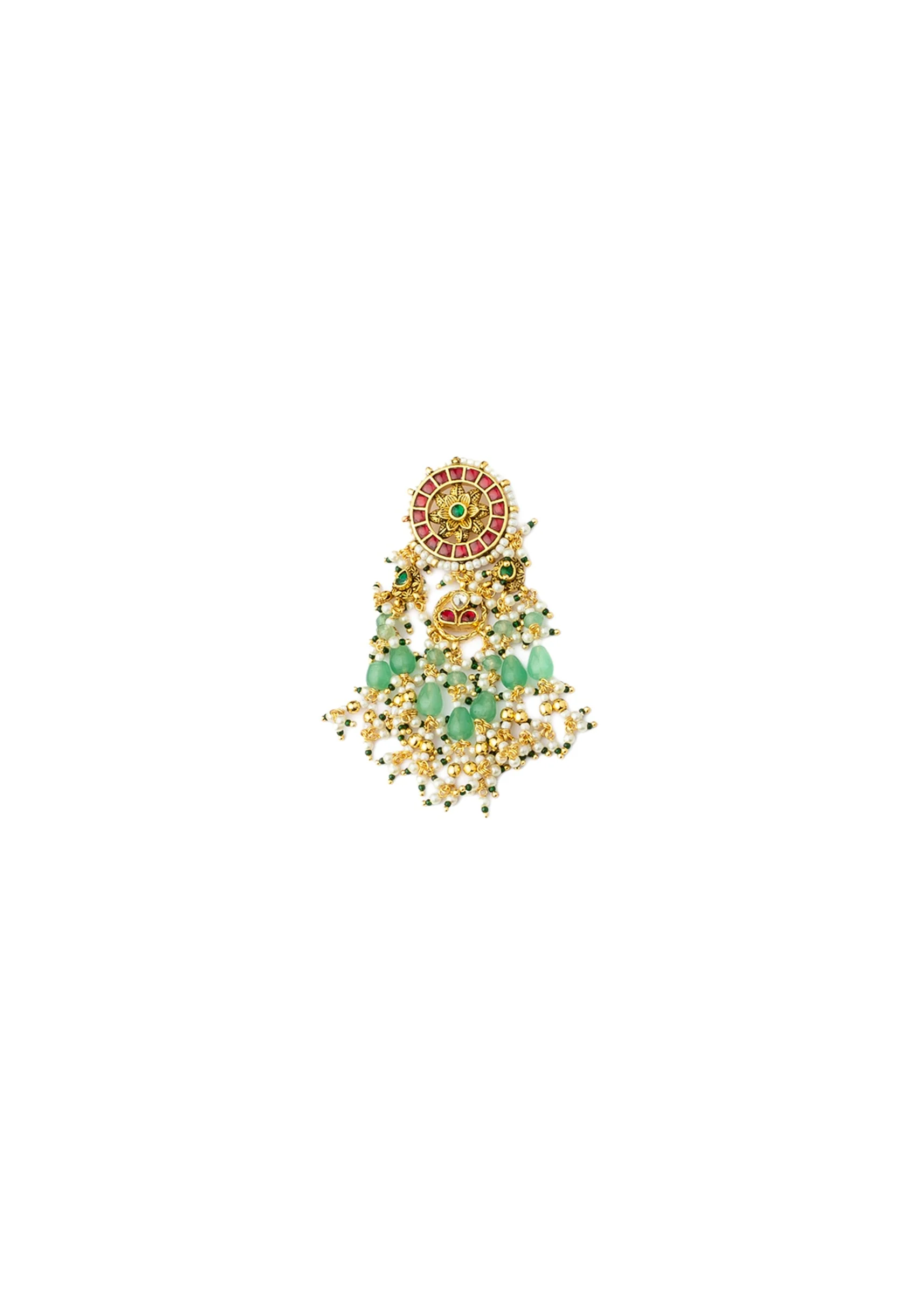 Gold Plated Green Kundan Polki With Pearl Strands And Emerald Green Bead Detailing Necklace Earrings Set - Image 5