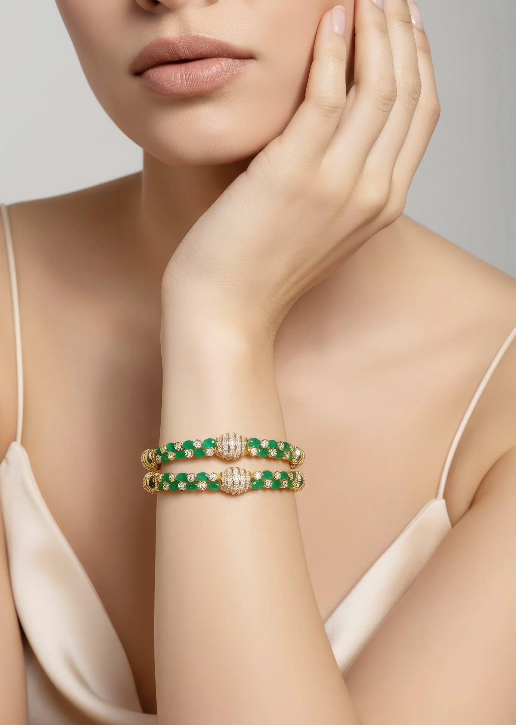 Gold Plated Green Synthetic Stone Bangles