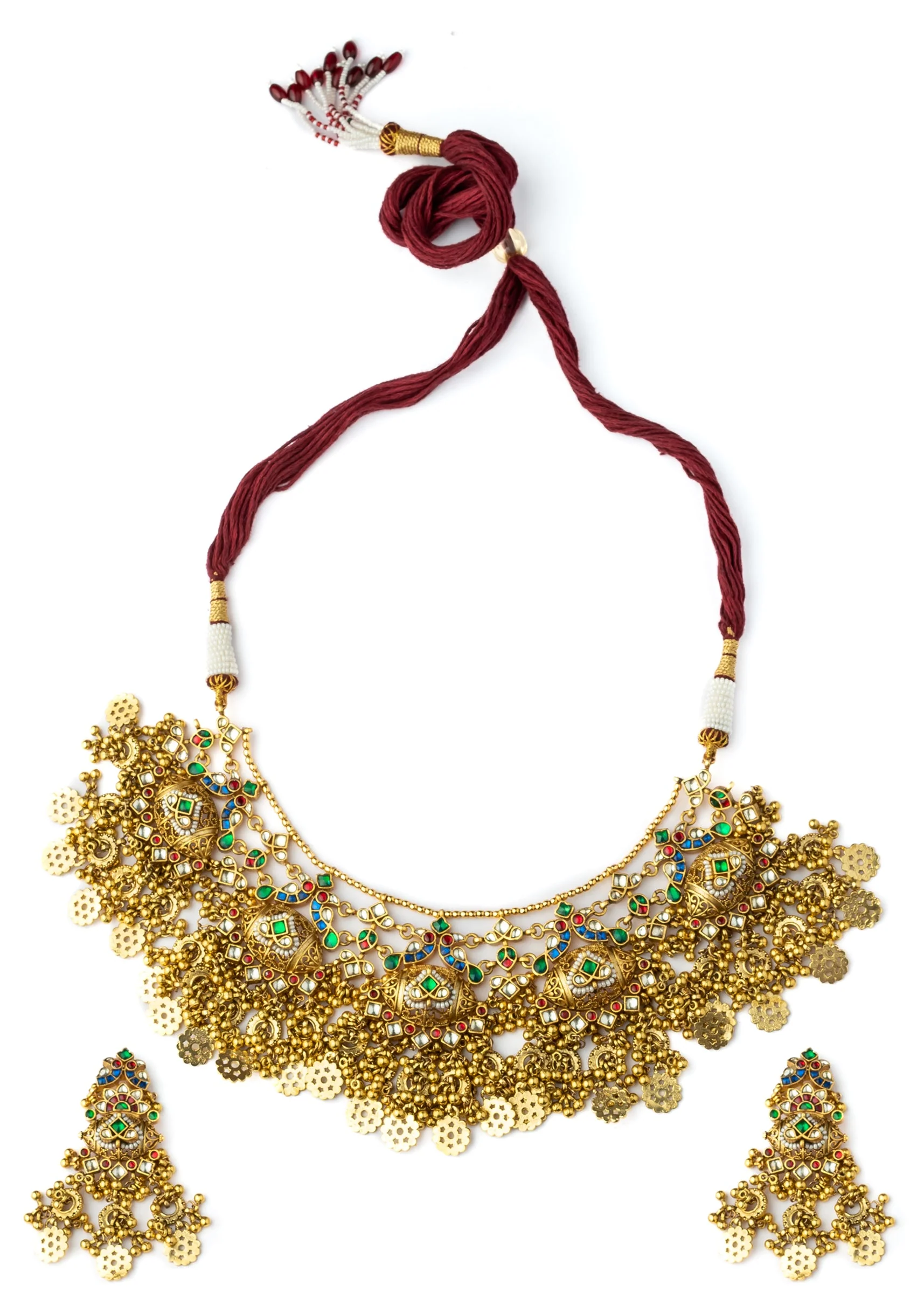 Gold Plated Green Synthetic Stone Choker Necklace Earring Set With Coin Motif - Image 2