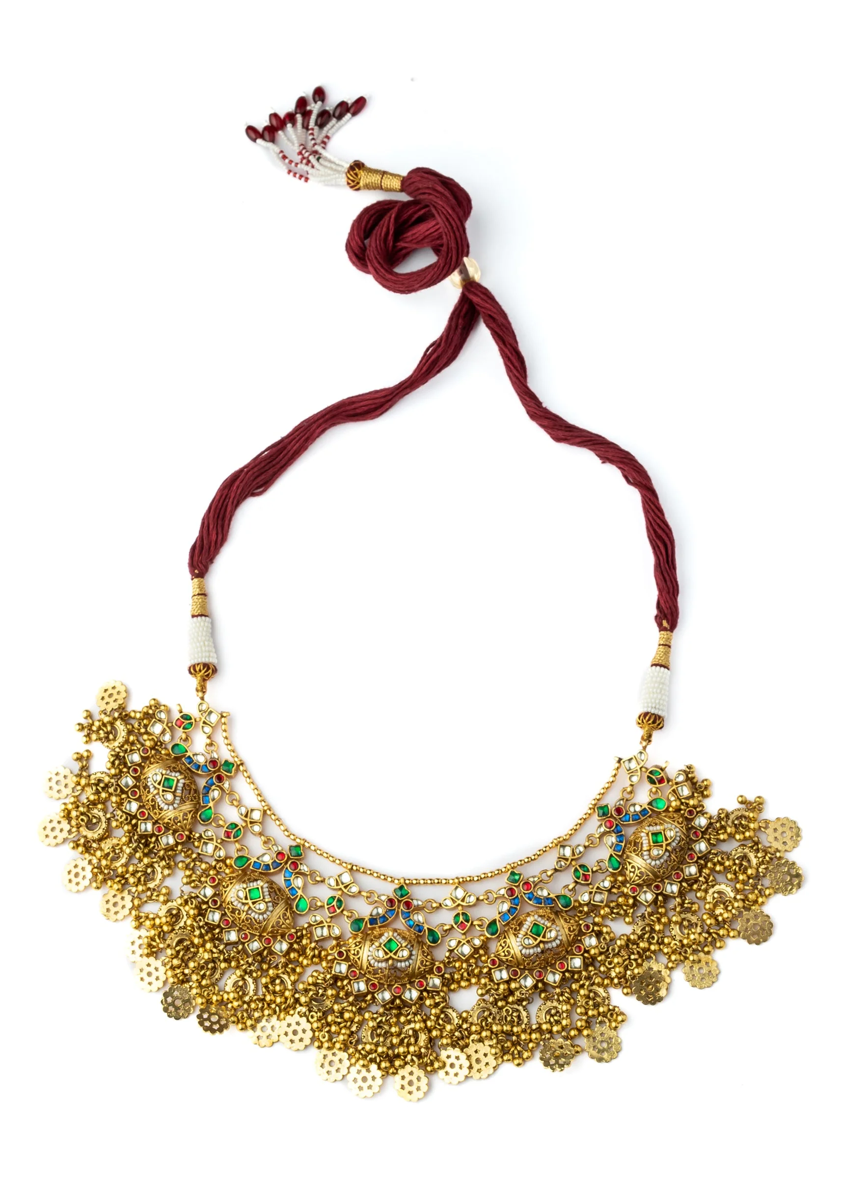 Gold Plated Green Synthetic Stone Choker Necklace Earring Set With Coin Motif - Image 3