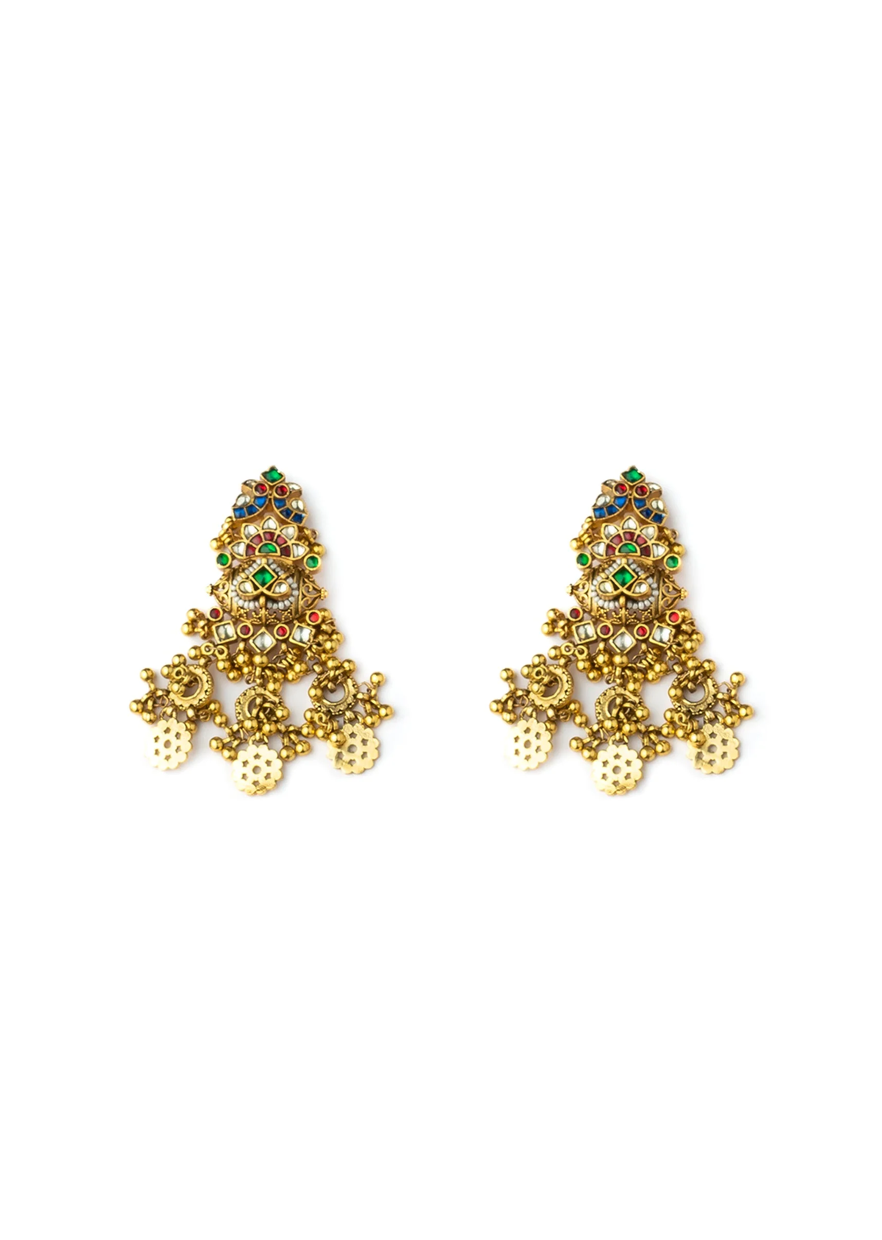 Gold Plated Green Synthetic Stone Choker Necklace Earring Set With Coin Motif - Image 4