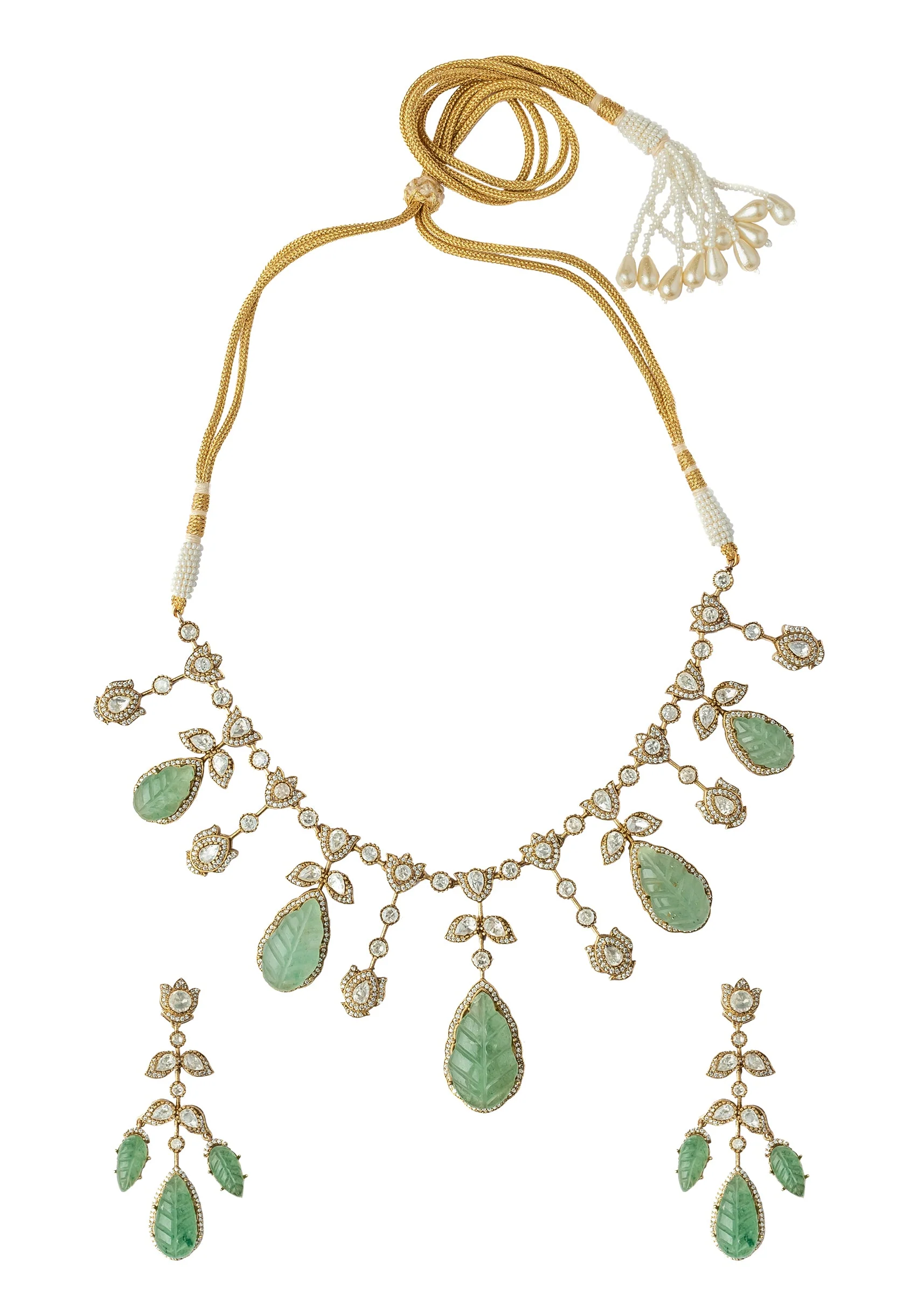 Gold Plated Green Synthetic Stone Necklace Set With Earrings - Image 2
