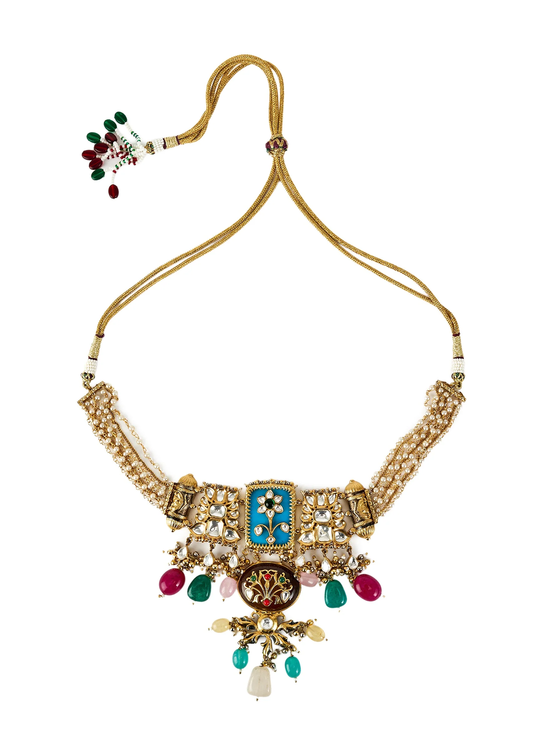 Gold Plated Kundan Polki Choker Necklace Set With Earrings - Image 3