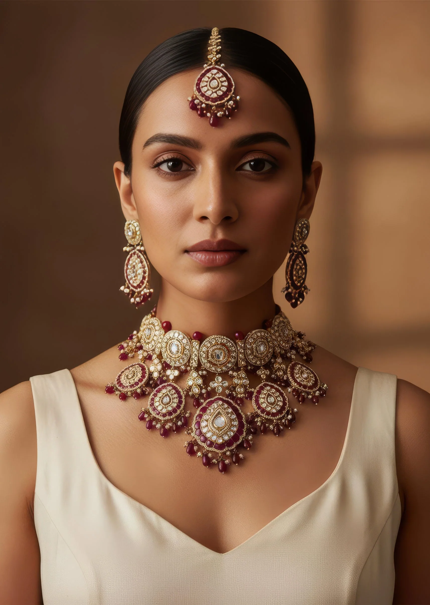 Gold Plated Kundan Polki Choker Necklace Set With Earrings And Maangtikka