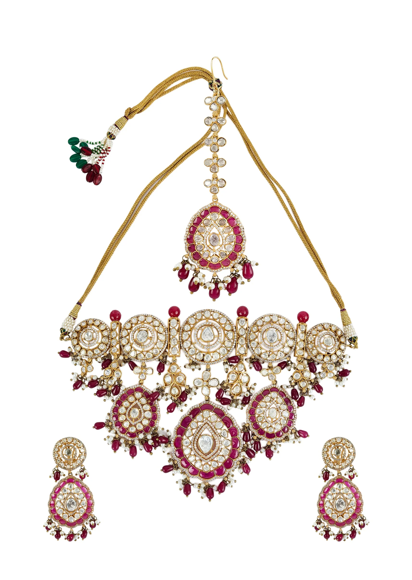 Gold Plated Kundan Polki Choker Necklace Set With Earrings And Maangtikka - Image 2