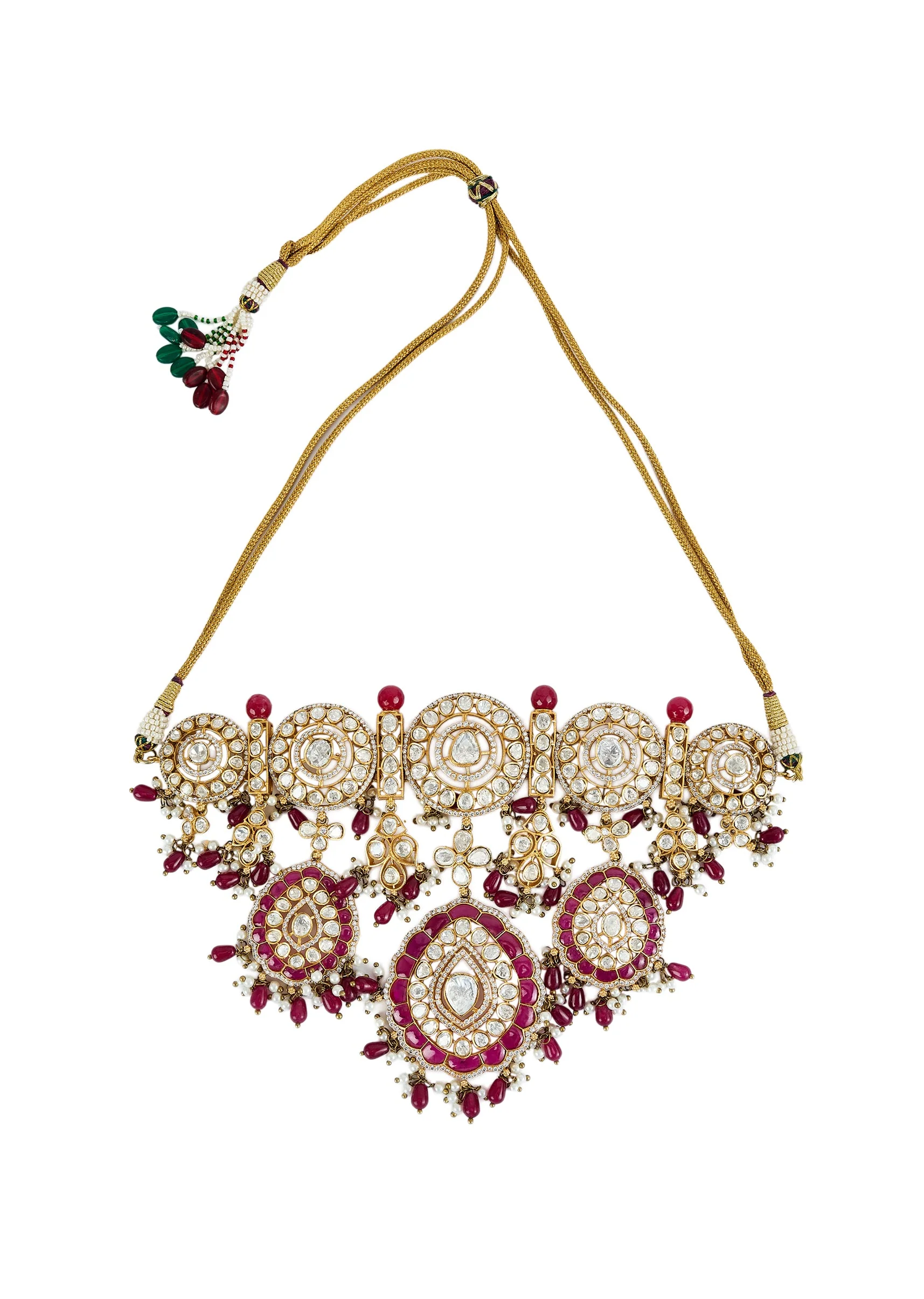 Gold Plated Kundan Polki Choker Necklace Set With Earrings And Maangtikka - Image 3