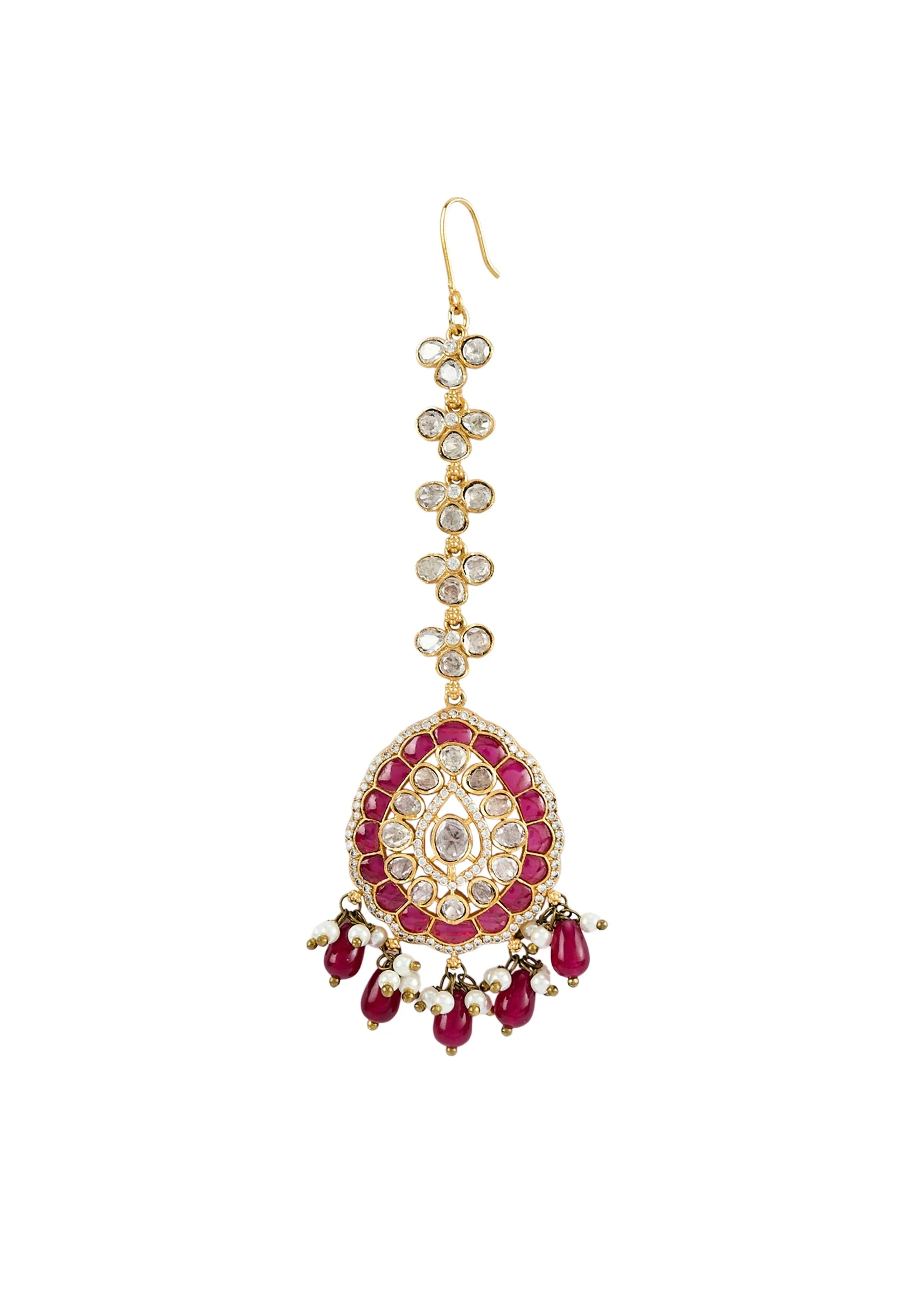 Gold Plated Kundan Polki Choker Necklace Set With Earrings And Maangtikka - Image 6