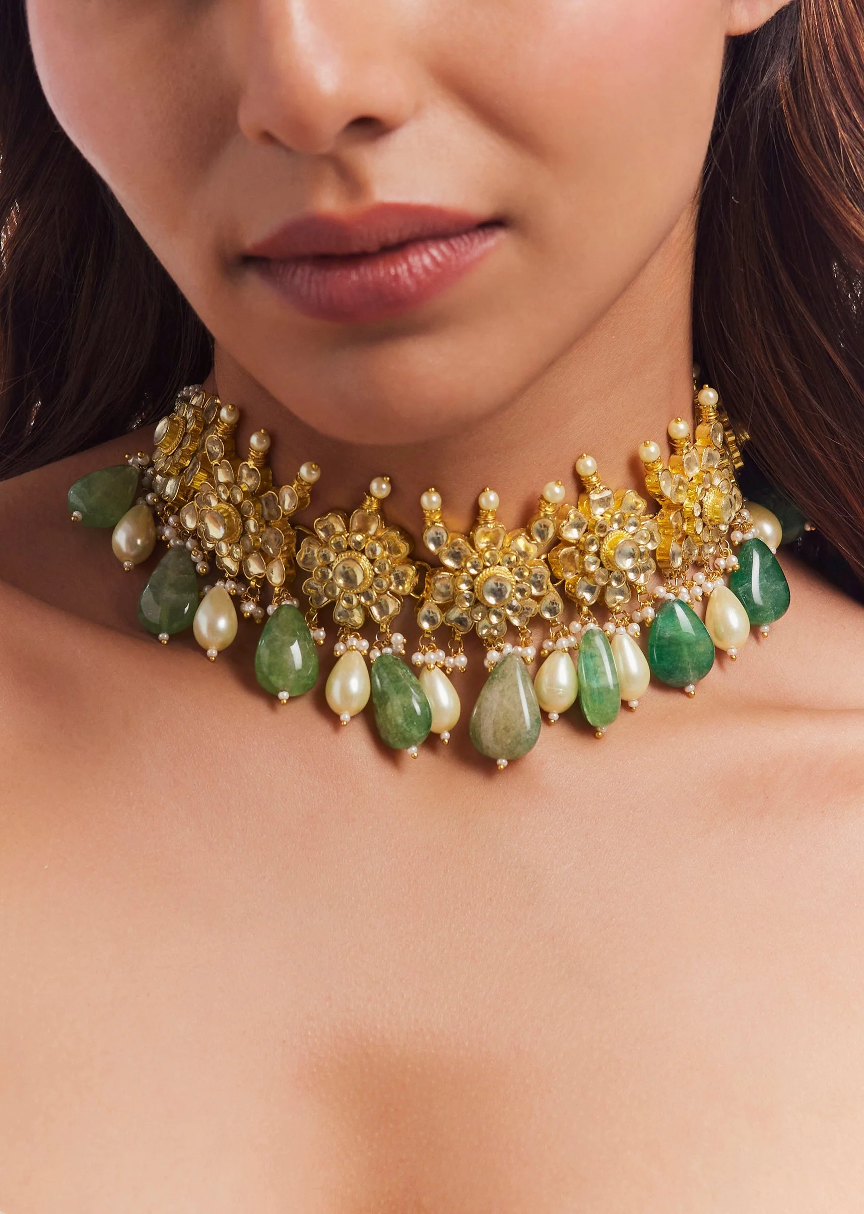 Gold Plated Kundan Polki Green Beads Bridal Choker Necklace Earrings Set - Image 2