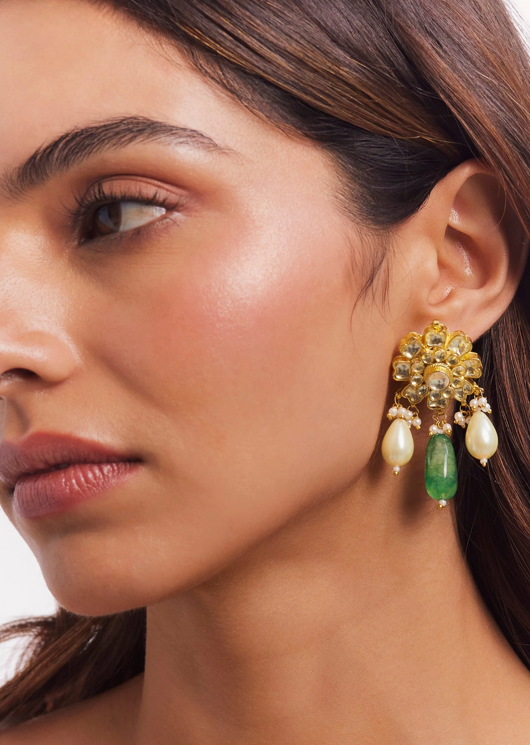 Gold Plated Kundan Polki Green Beads Bridal Choker Necklace Earrings Set - Image 3