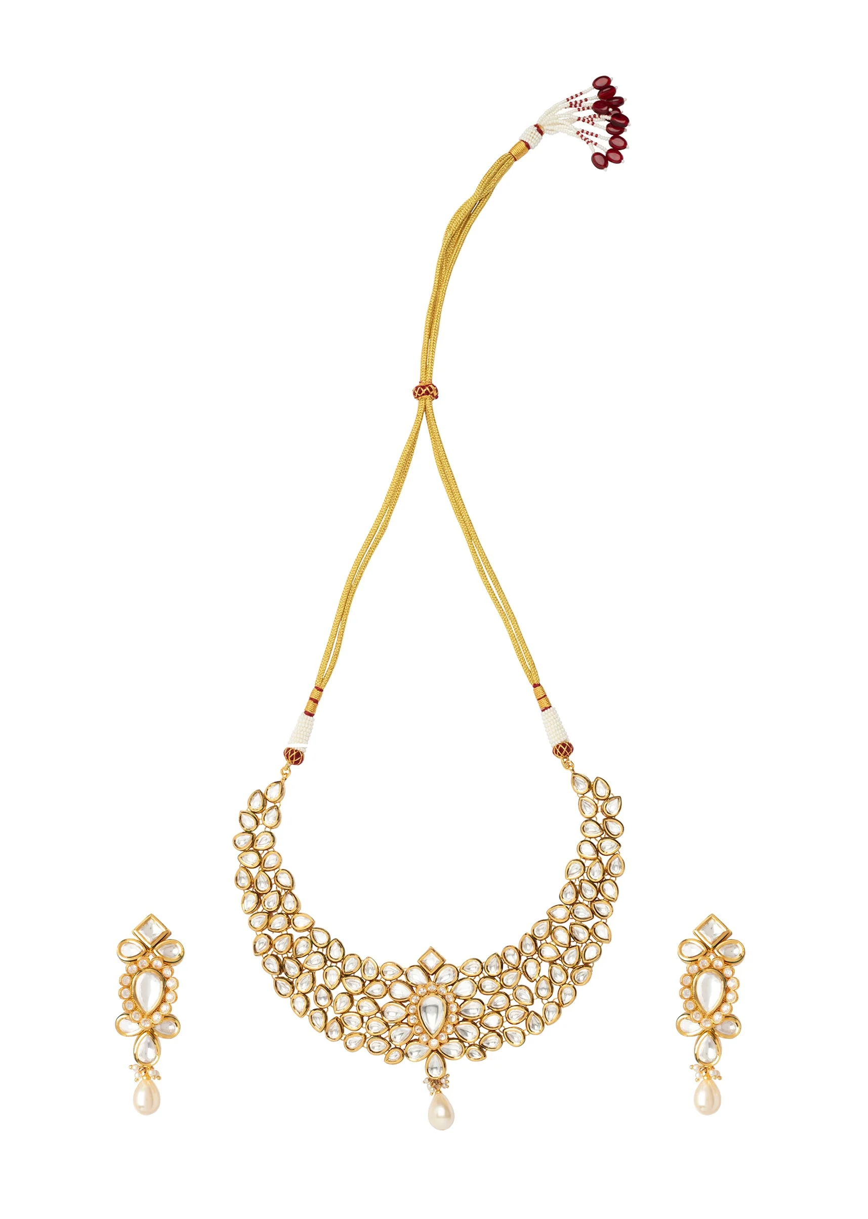 Gold Plated Kundan Polki Necklace Set With Earrings - Image 2