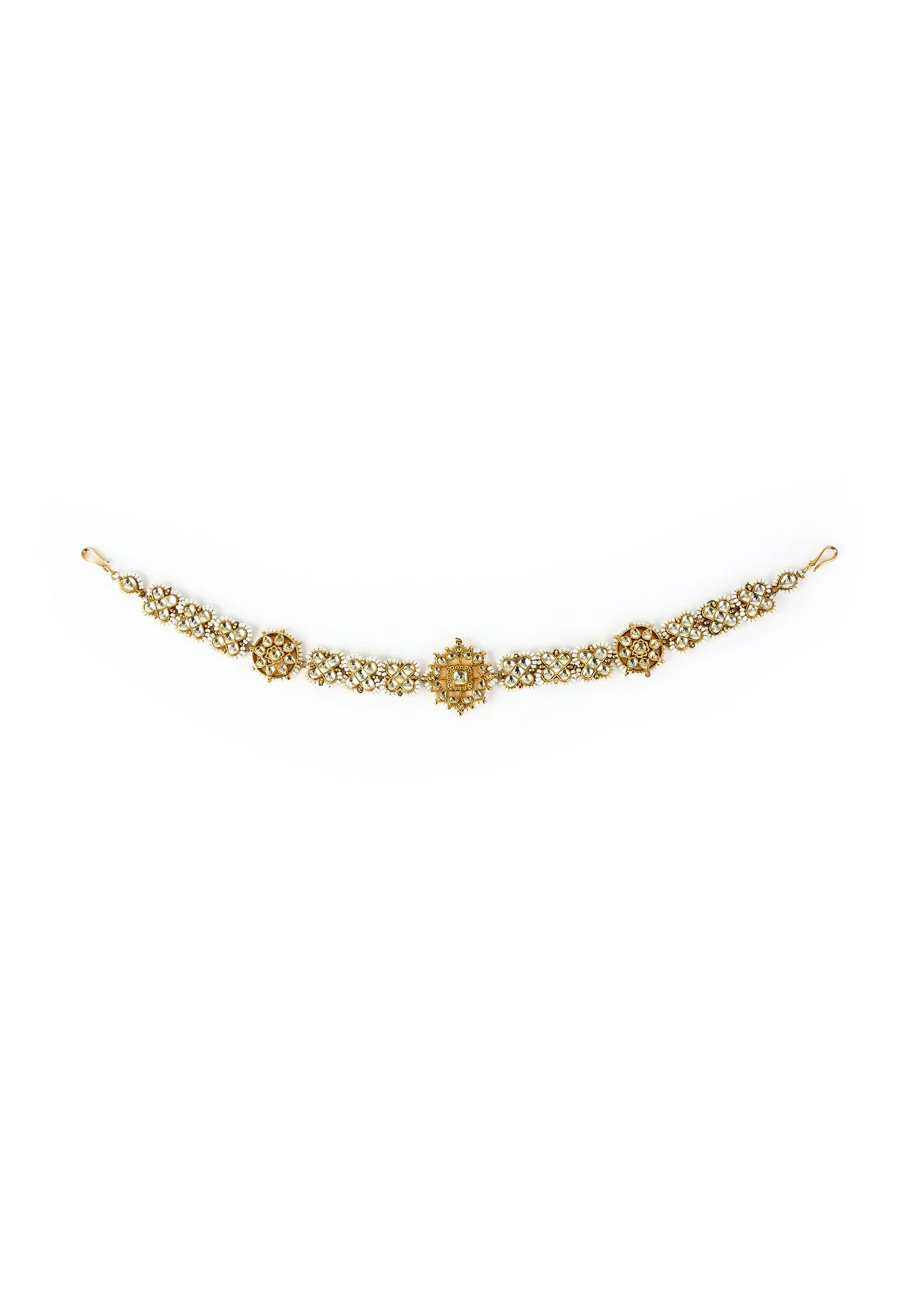 Gold Plated Maathapatti With Floral Motifs And Pearl Embellishments