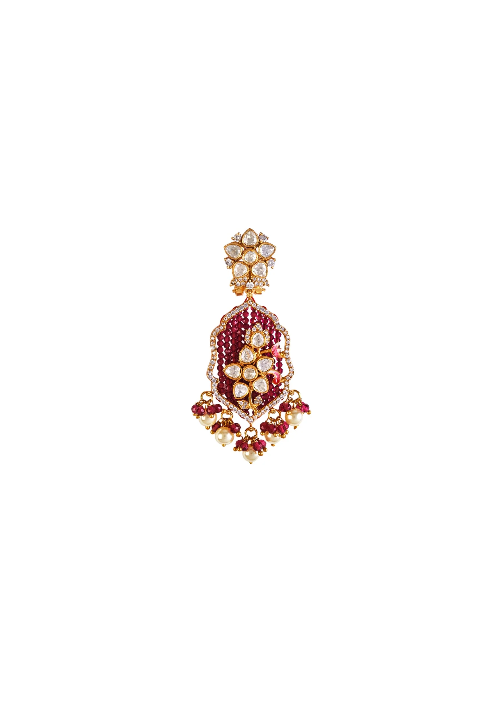 Gold Plated Maroon And White Beads Long Necklace Set With Earrings - Image 4