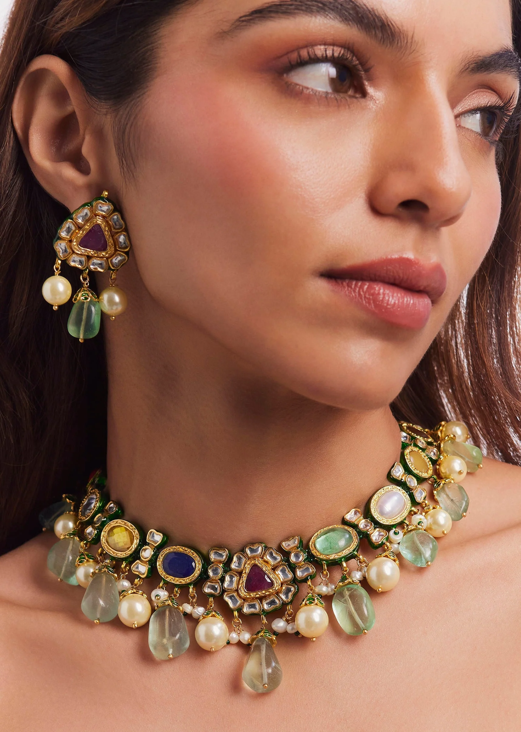 Gold Plated Multi Colour Kundan Necklace Set