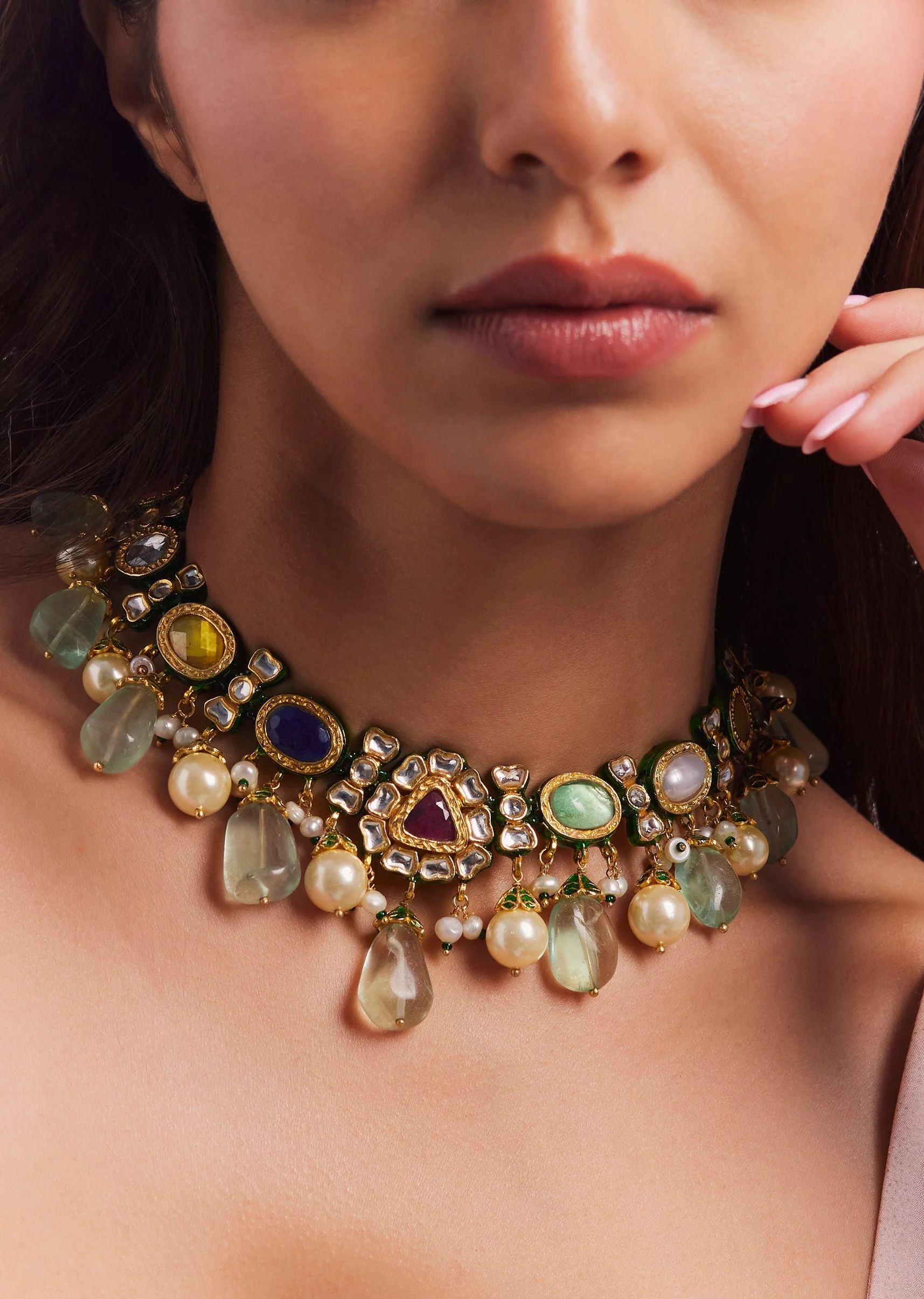 Gold Plated Multi Colour Kundan Necklace Set - Image 2