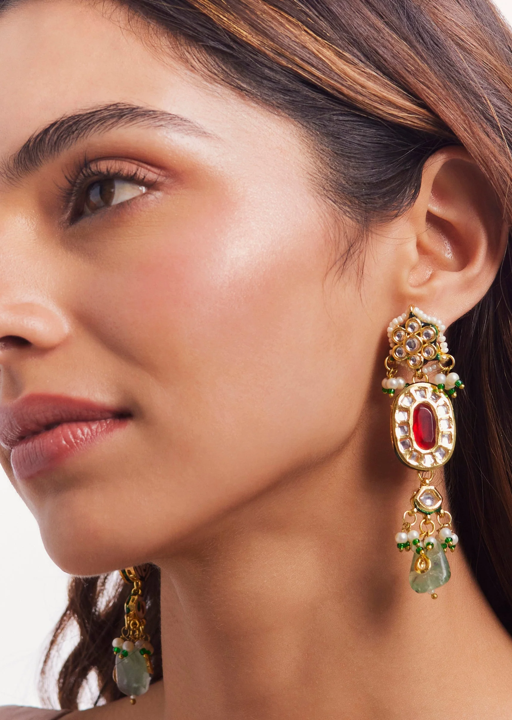 Gold Plated Multi Colour Stones Dangling Choker Set - Image 3