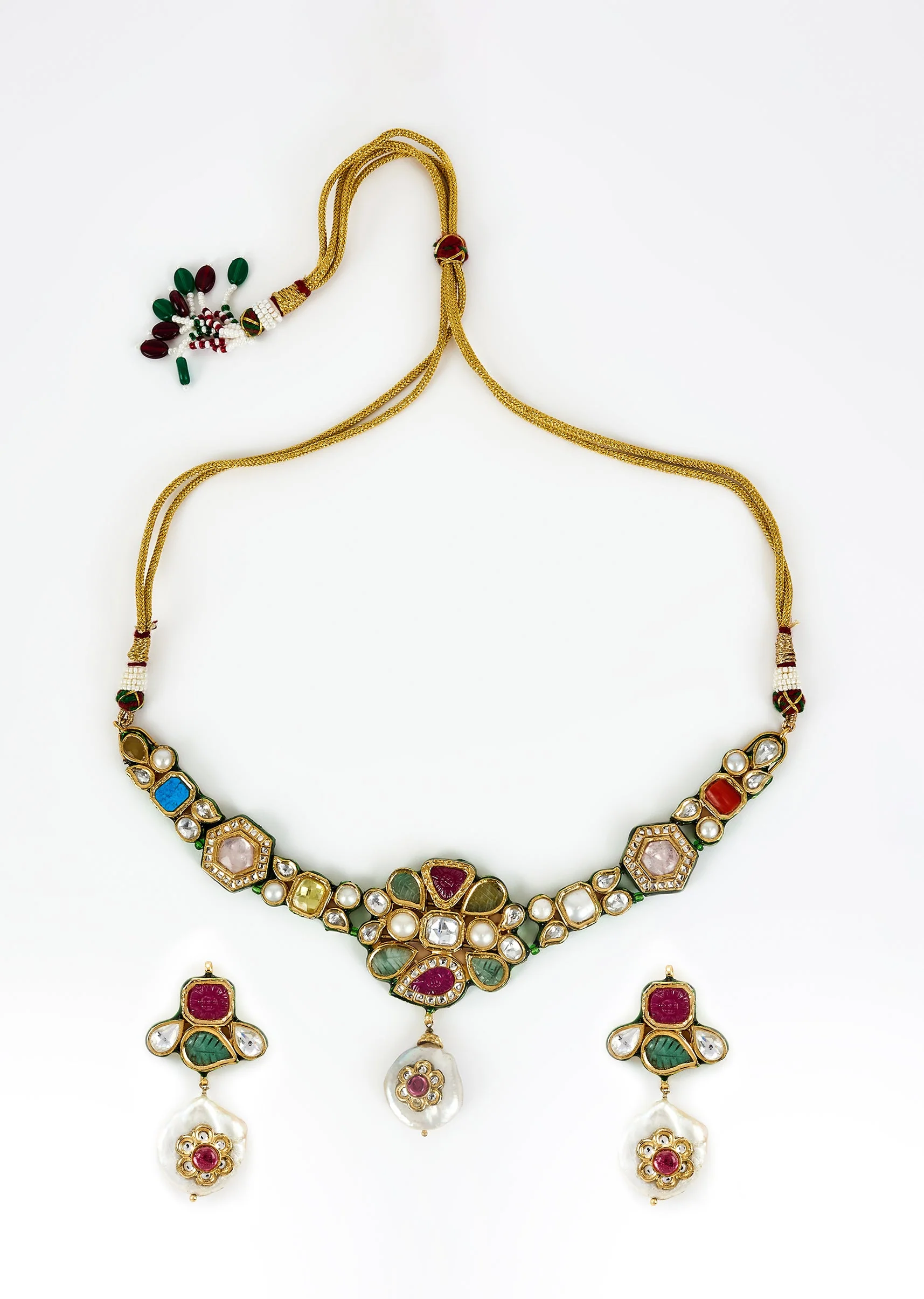 Gold Plated Multicolored Kundan Polki Choker Necklace Set With Earrings - Image 2
