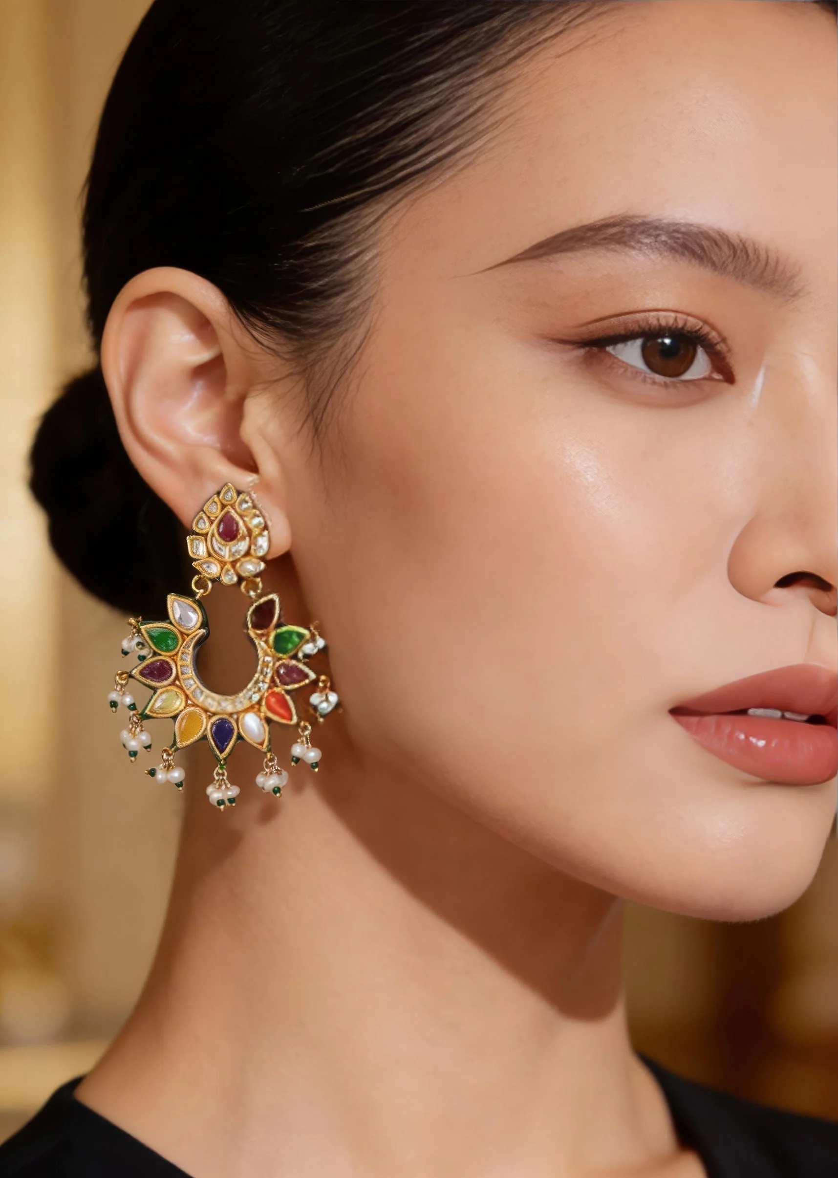 Gold Plated Multicolored Kundan Polki Earrings