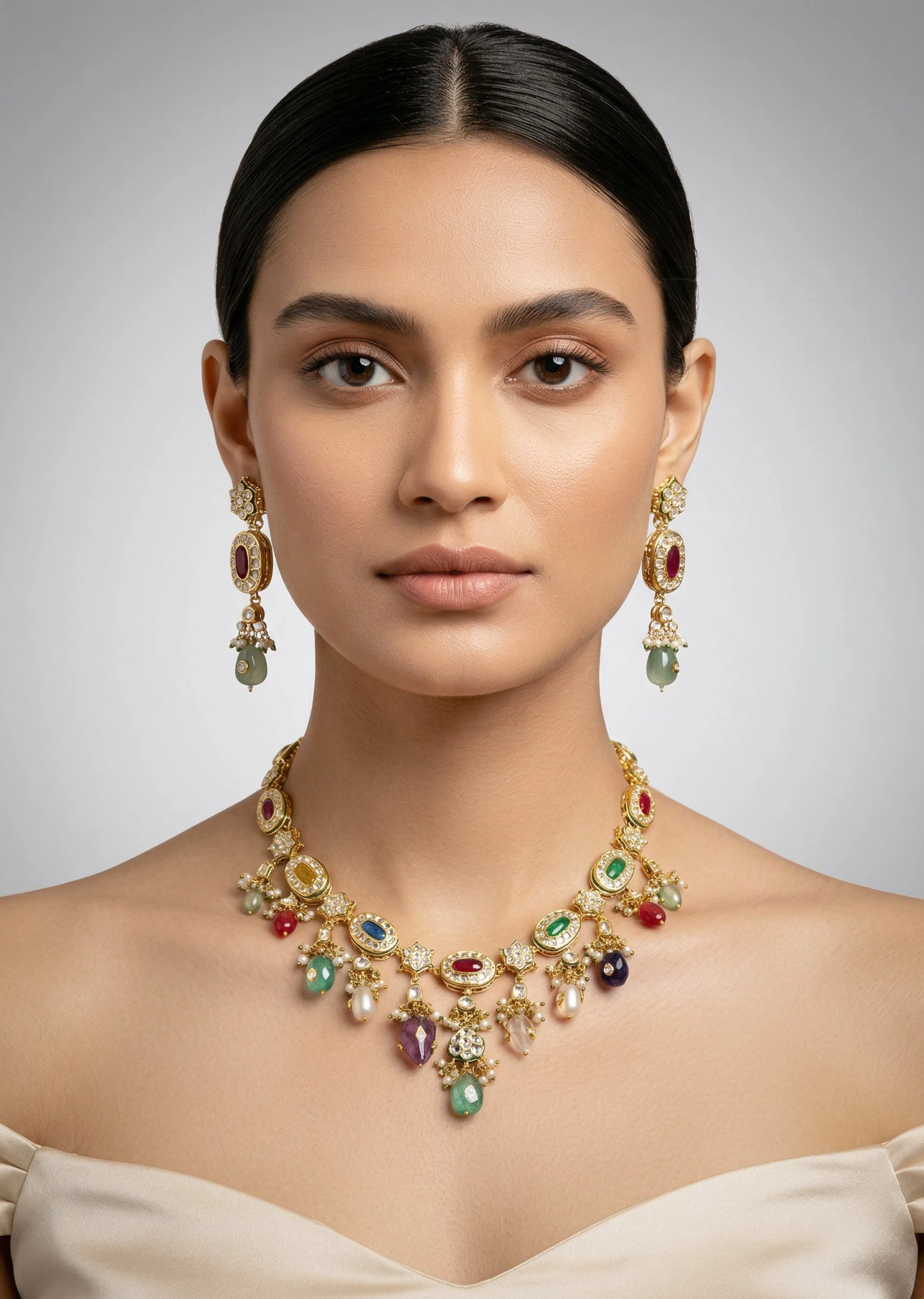 Gold Plated Multicolored Kundan Polki Long Necklace Set With Earrings