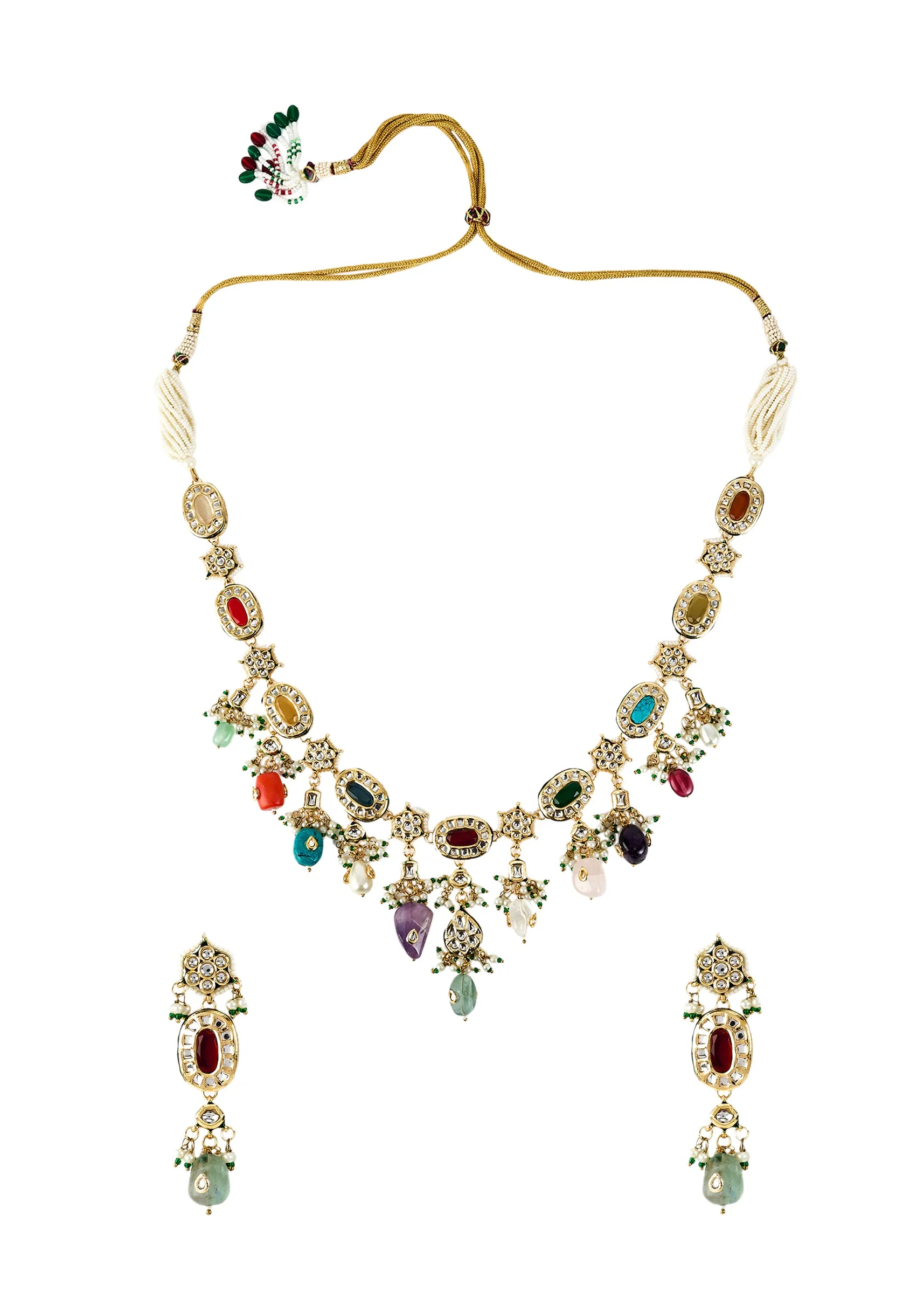 Gold Plated Multicolored Kundan Polki Long Necklace Set With Earrings - Image 2