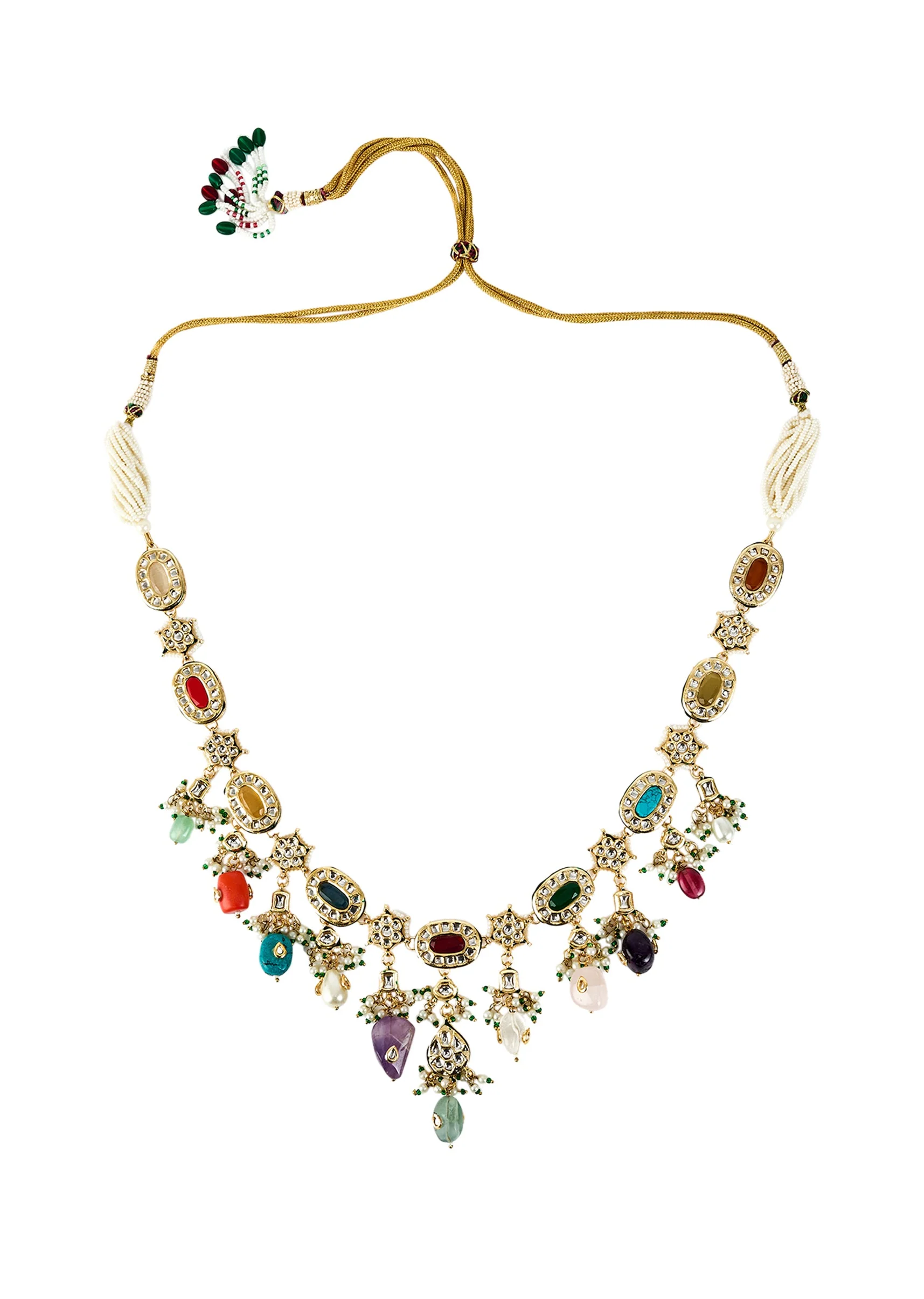 Gold Plated Multicolored Kundan Polki Long Necklace Set With Earrings - Image 3